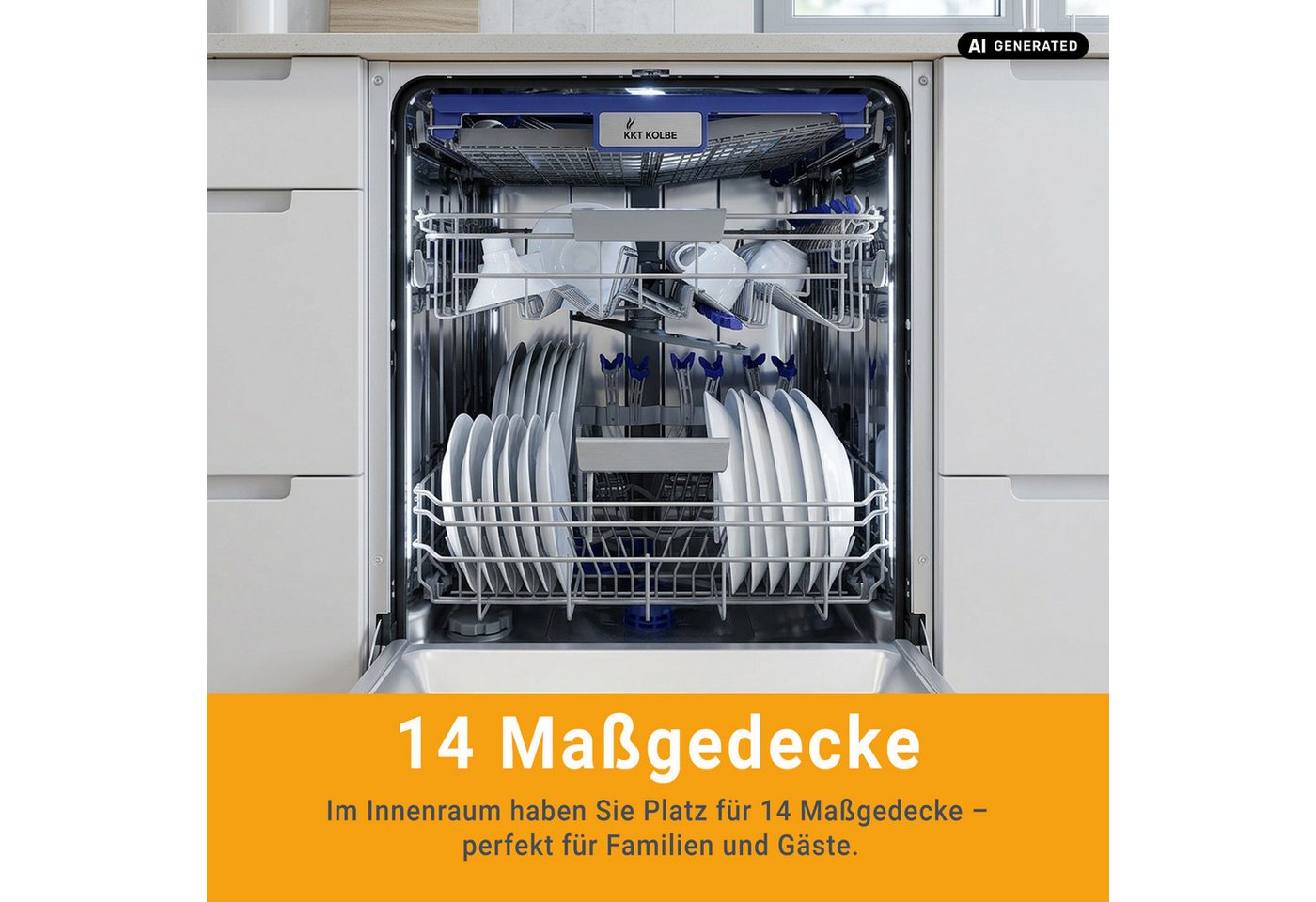 KKT KOLBE teilintegrierbarer Geschirrspüler DW60TI, 9,5 l, 14 Maßgedecke, 60cm / Edelstahl / AquaStop / 7 Programme / 14 Maßgedecke