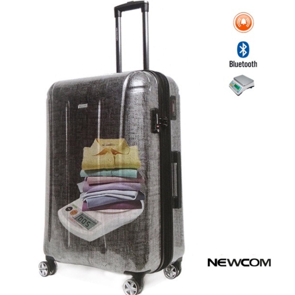 NEWCOM Hartschalen-Trolley M-Koffer 24 Zoll 65cm mit Selbstwiegefunktion und Erweiterungsfunktion, 4 Rollen, 100% PC, TSA Schloss, Grau