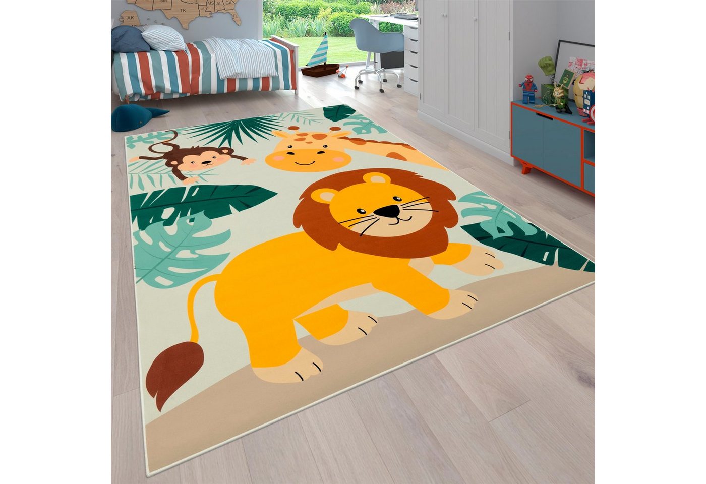 Paco Home Kinderteppich Bino 582, rechteckig, Höhe: 4 mm, Spielteppich, Motiv Tiere, Löwe & Giraffe, Kinderzimmer
