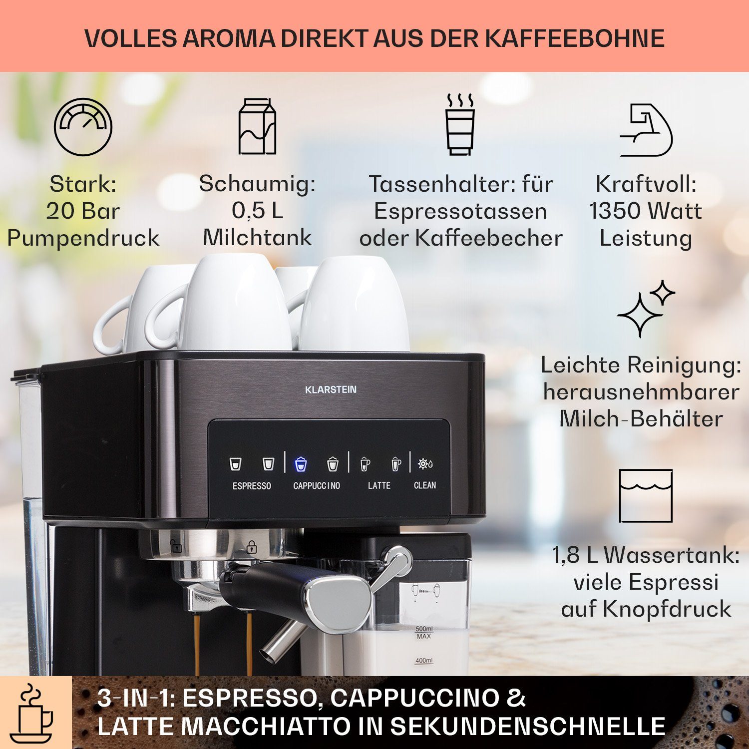 Klarstein Filterkaffeemaschine Arabica Comfort Siebträgermaschine 1350 W 20 Bar 1,8 L Touch, 1.8l Kaffeekanne, Kaffeebereiter Siebträger mit Milchschäumer & 20 bar