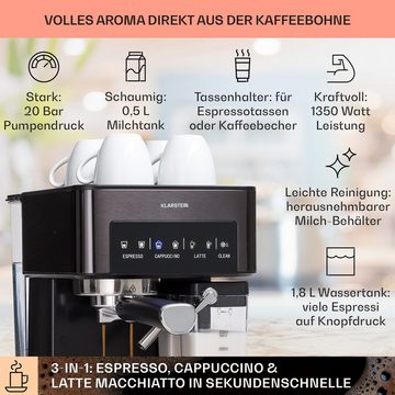 Klarstein Filterkaffeemaschine Arabica Comfort, 1.8l Kaffeekanne, Kaffeemaschine 1350 W 20 Bar LED