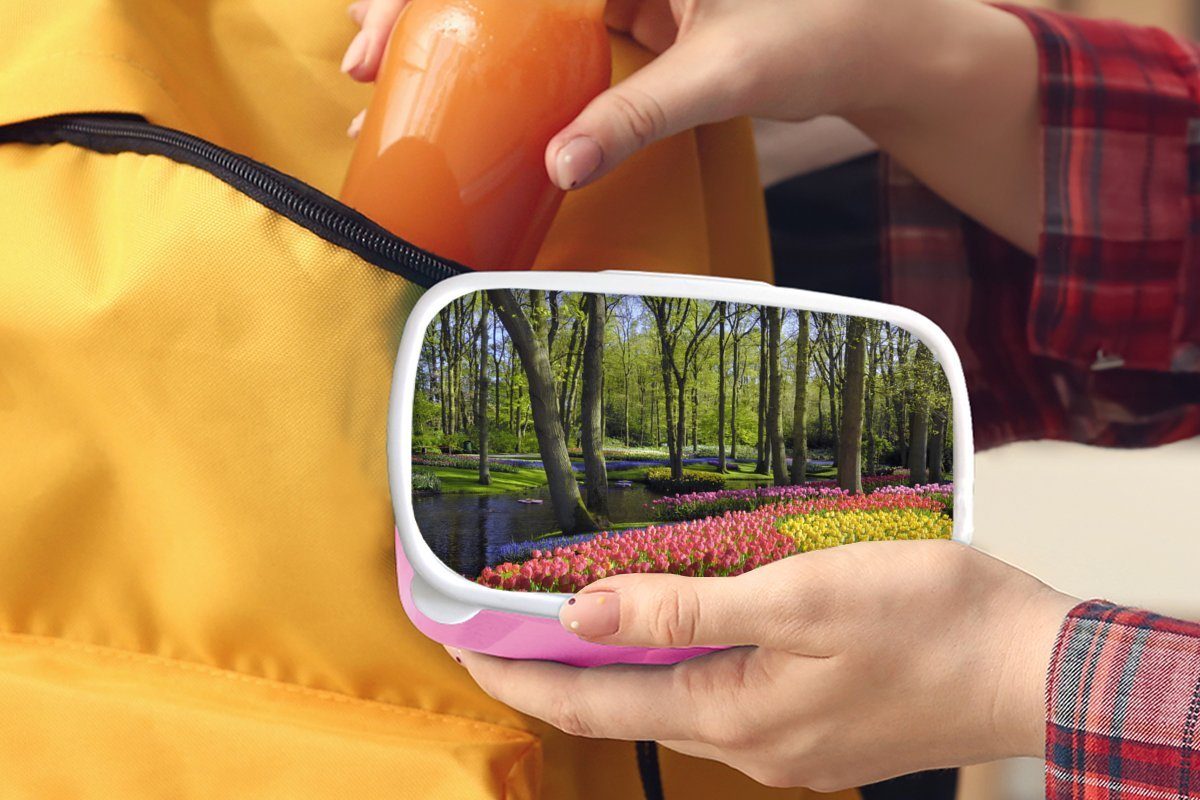 Brotdose MuchoWow Lunchbox in Kunststoff Mädchen, Keukenhof für Erwachsene, den Niederlanden, Teiches Brotbox Kunststoff, (2-tlg), Kinder, eines Snackbox, Blumenbeete entlang im rosa