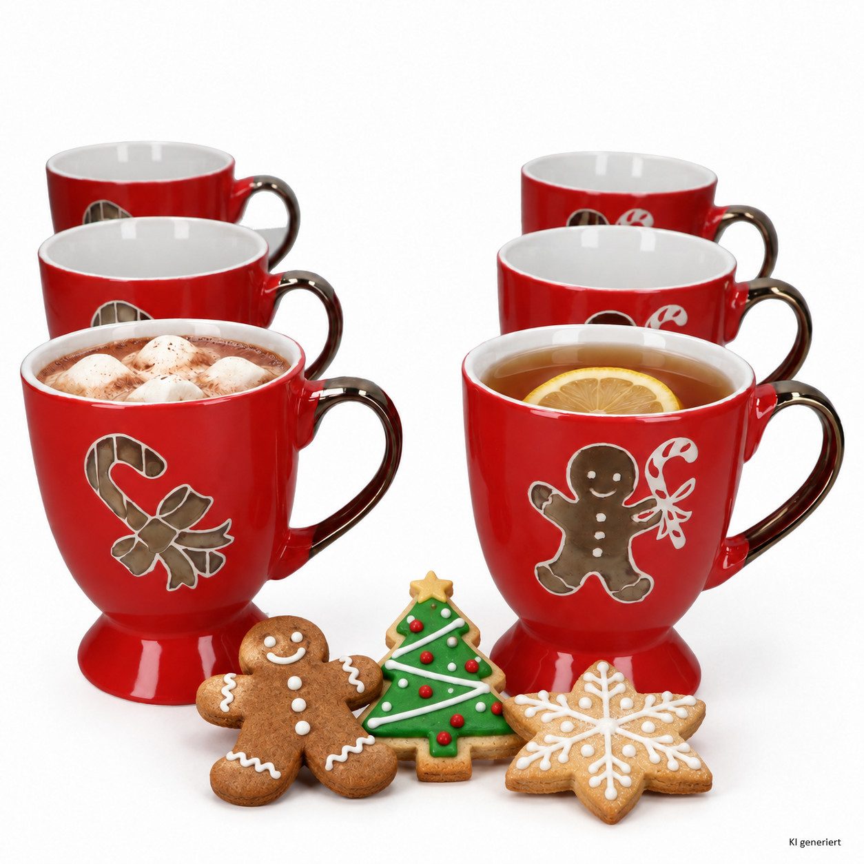 MamboCat Becher 6x Irish Christmas Rot Kaffeebecher 370ml Lebkuchen Zuckerstange, Steingut, Weihnachtsgeschirr, Advent, Lebkuchenmann, Zuckerstange, Kupferoptik