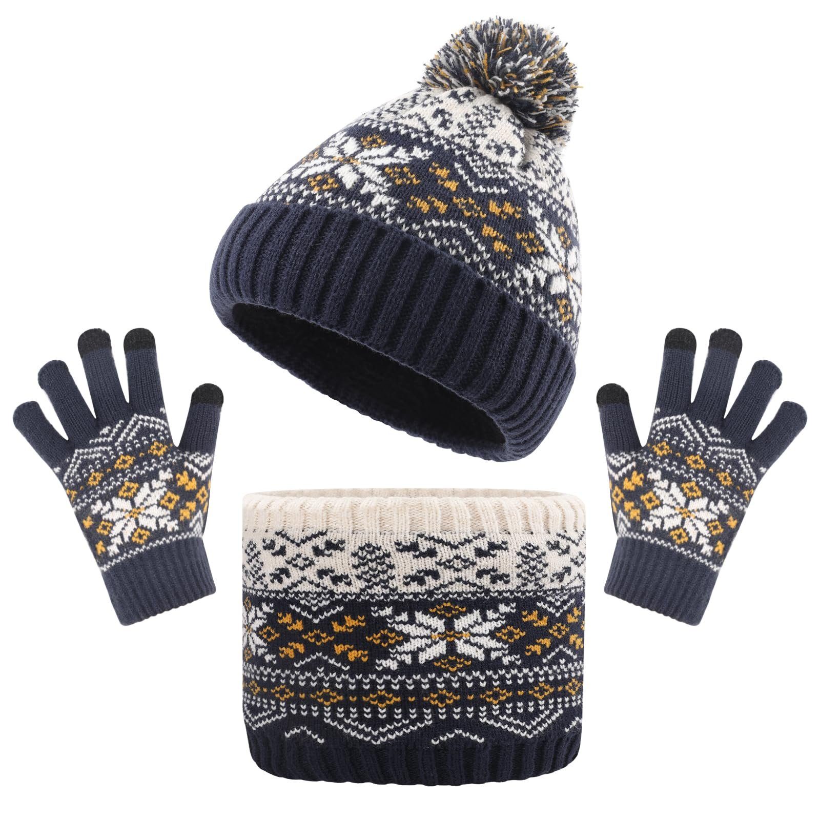 POCHUMIDUU Strickmütze Kinder Wintermütze Schal Handschuhe Set (1-St) für Kinder Jungen Mädchen 2-6 Jahre Marineblau