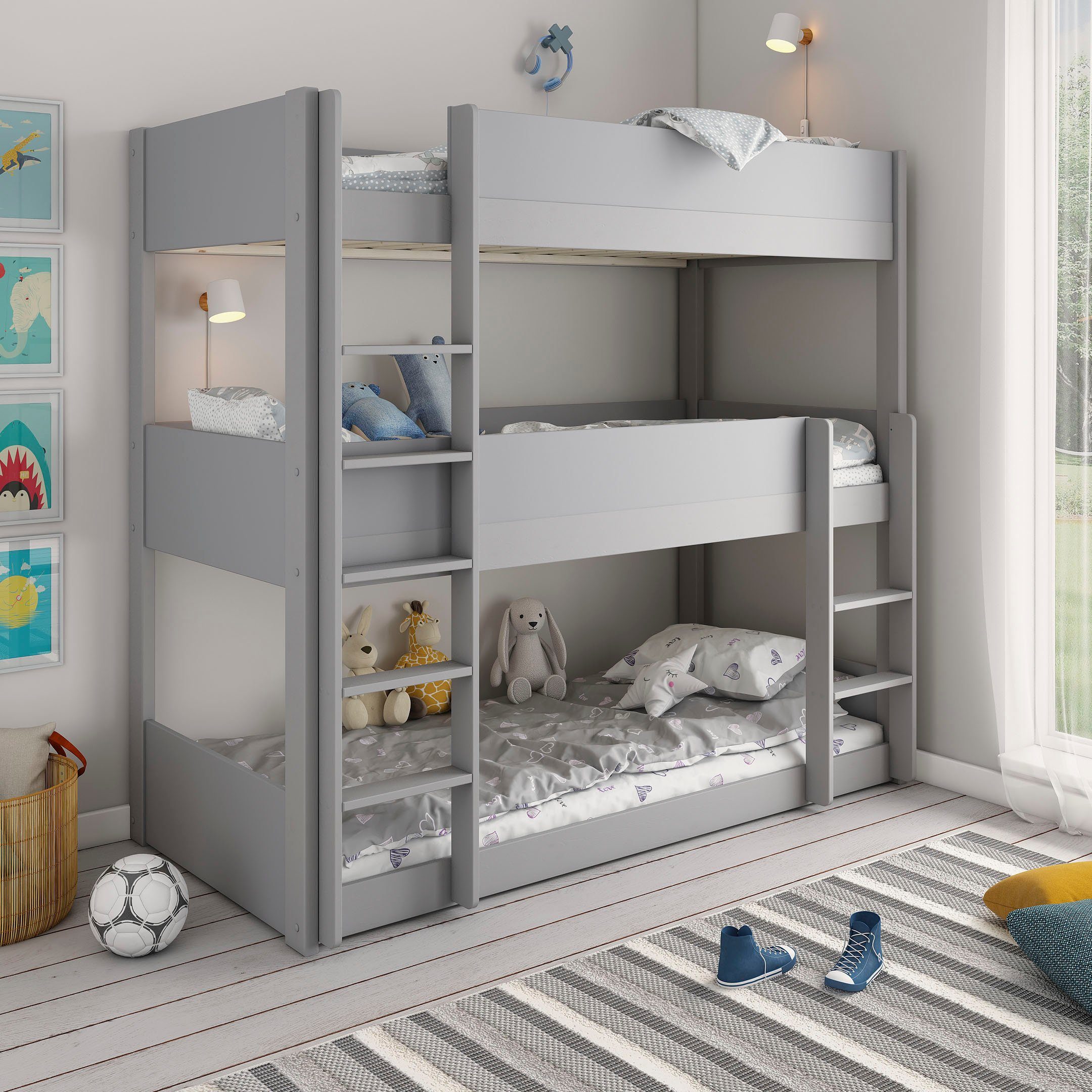 Kinder, "TIPO BESTSELLER! mit kleine Bodenbett 3 grau für Platzsparend, zertifiziertes Schlafplätzen, mit Lüttenhütt Massivholz Stockbett Etagenbett (Kiefer) "