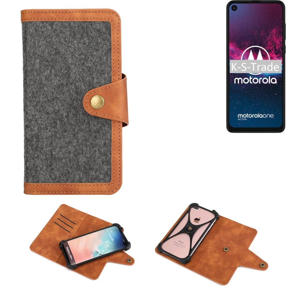 K-S-Trade Handyhülle für Motorola one action, Schutzhülle Handyhülle Filz Hülle Kunst-Leder dunkelgrau braun