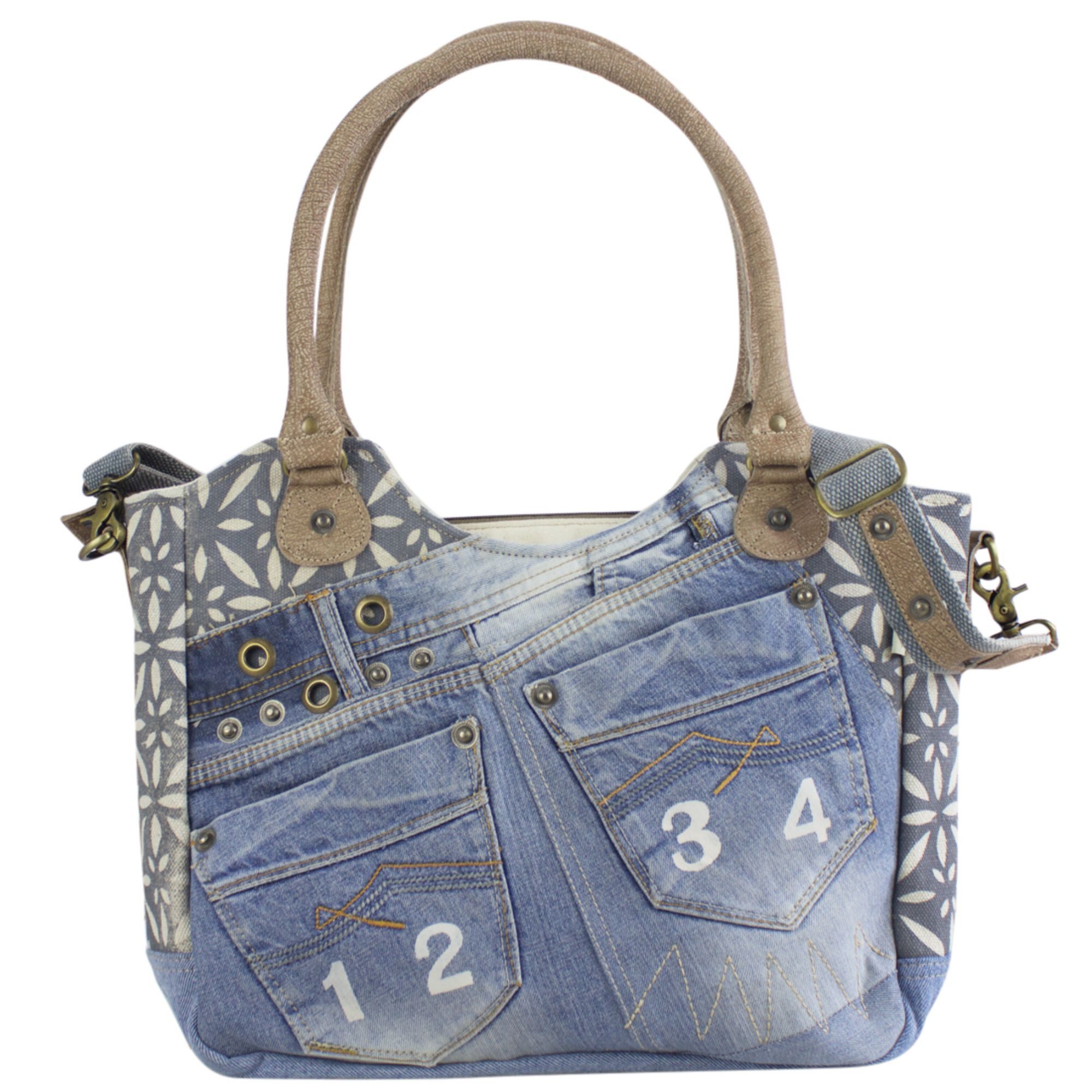 Sunsa Handtasche Schultertasche aus recycelter Jeans Shopper Umhängetasche, echt Leder, Upcycling Jeans, abnehmbare Henkel