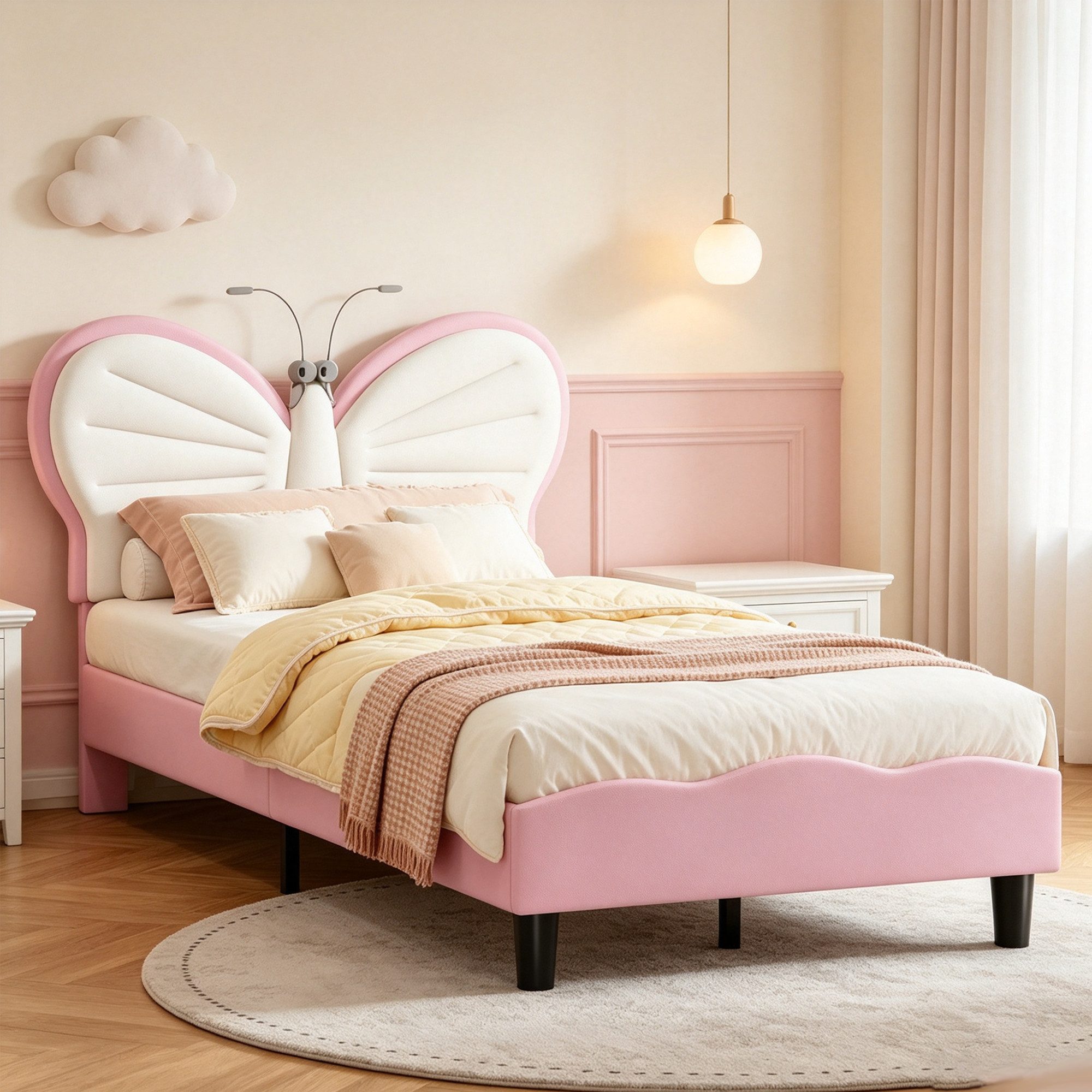 Simurq Prinzessinbett Kinderbett 90x190/90x200 cm Schmetterling Polsterbett (Prinzessinnenbett, höhenverstellbarem Samt-Kopfteil), Jugendbett Einzelbettmit LED-Leselampe