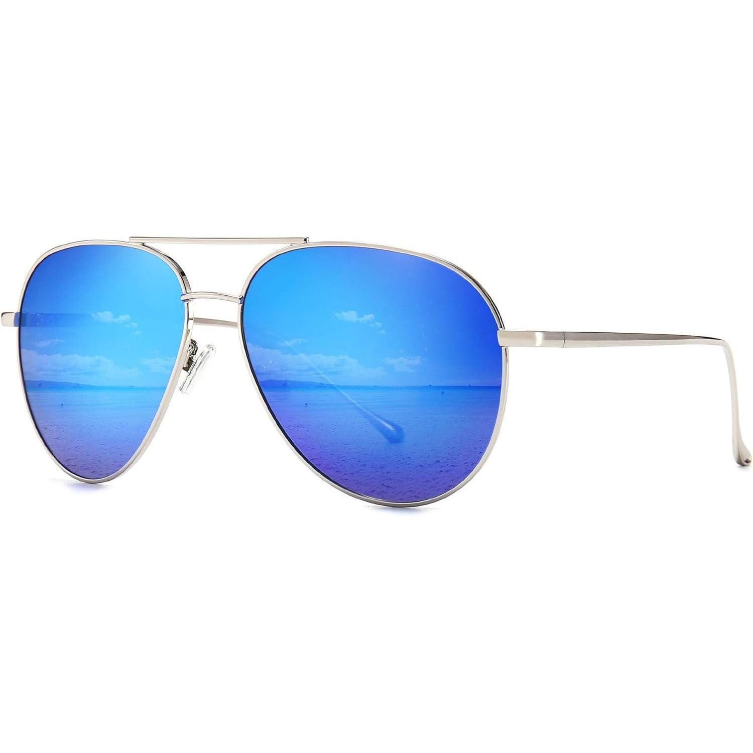 Pilotenbrille Sonnenbrille Silberrahmen Ozeanblaue Verspiegelt Linse 60 Millimeter