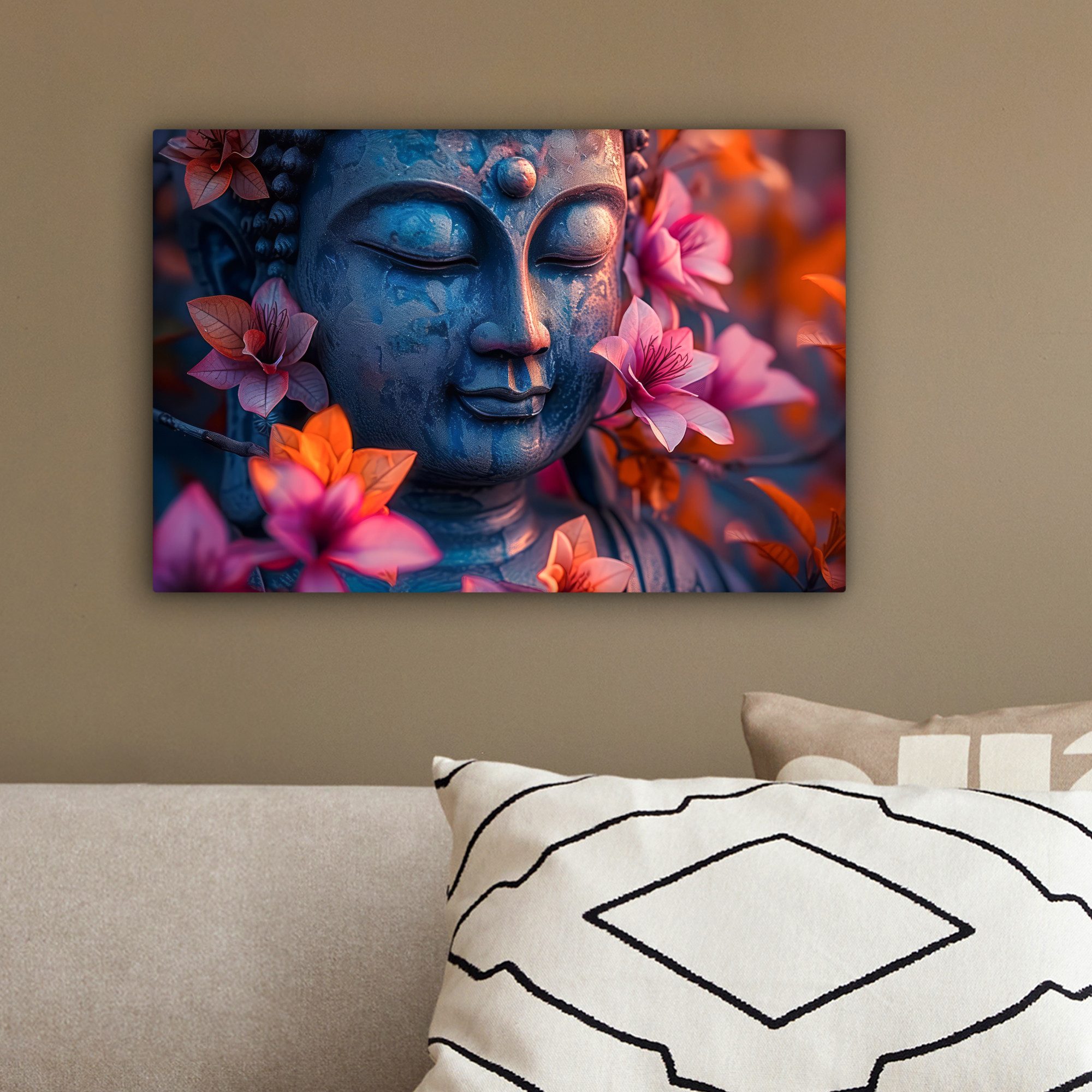 OneMillionCanvasses® Leinwandbild Buddha - Porträt - Blumen - Bild, Fotodruck (1 St), Leinwand Bilder Klein, Wand Dekoration Aesthetic 30x20 cm – Bild 4 von 5