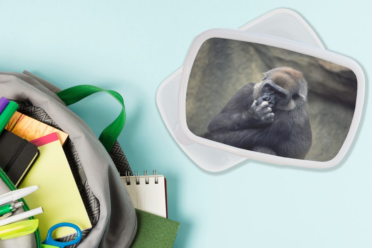 MuchoWow Lunchbox Niedlicher Gorilla Nase, Brotdose, der weiß für und sich Erwachsene, Mädchen für an kratzt Brotbox (2-tlg), Kinder und Jungs Kunststoff