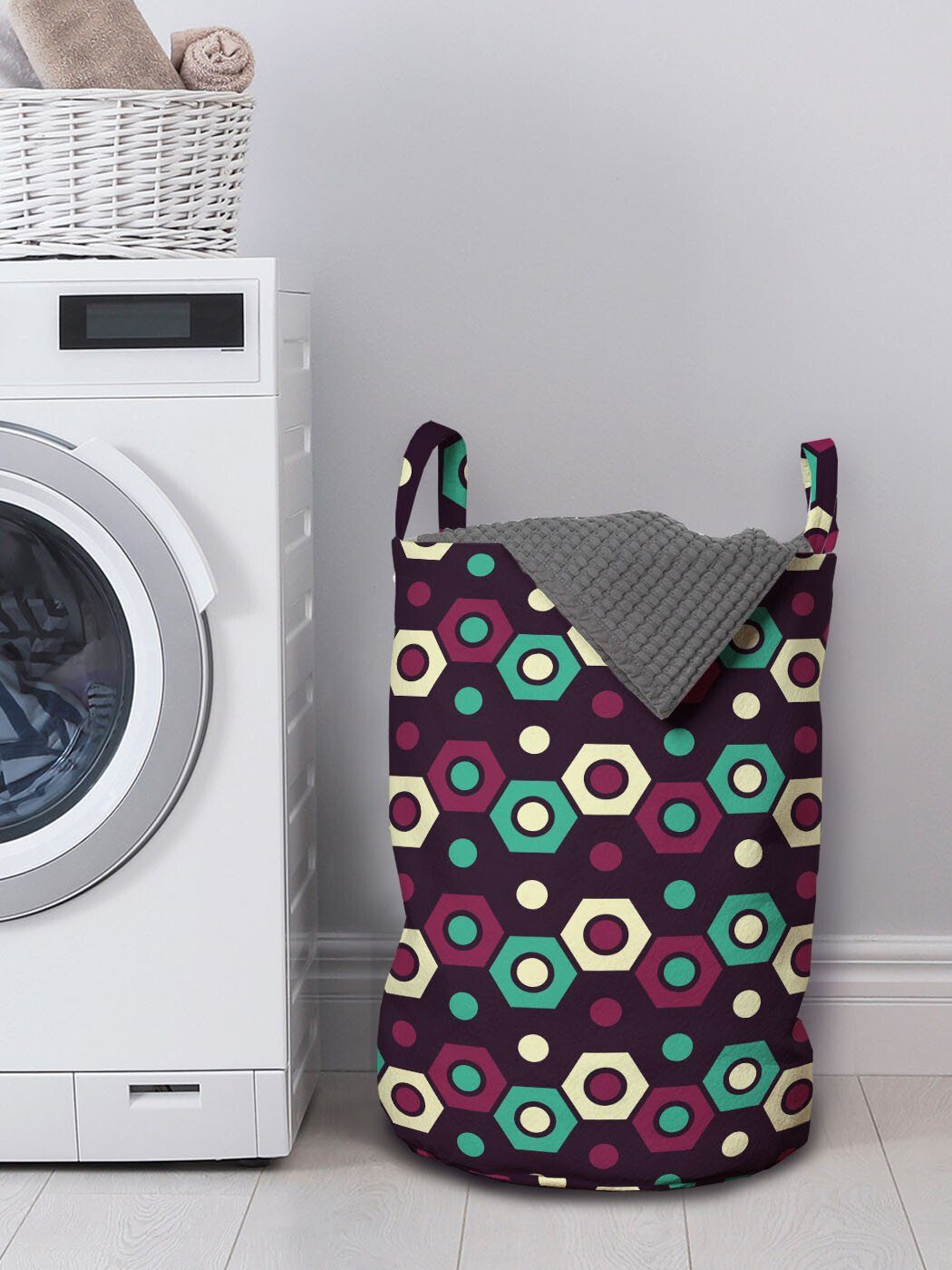 Abakuhaus Wäschesäckchen mit Kordelzugverschluss Wäschekorb Runde Hexagone und Moderne Griffen Geometrisch für Waschsalons