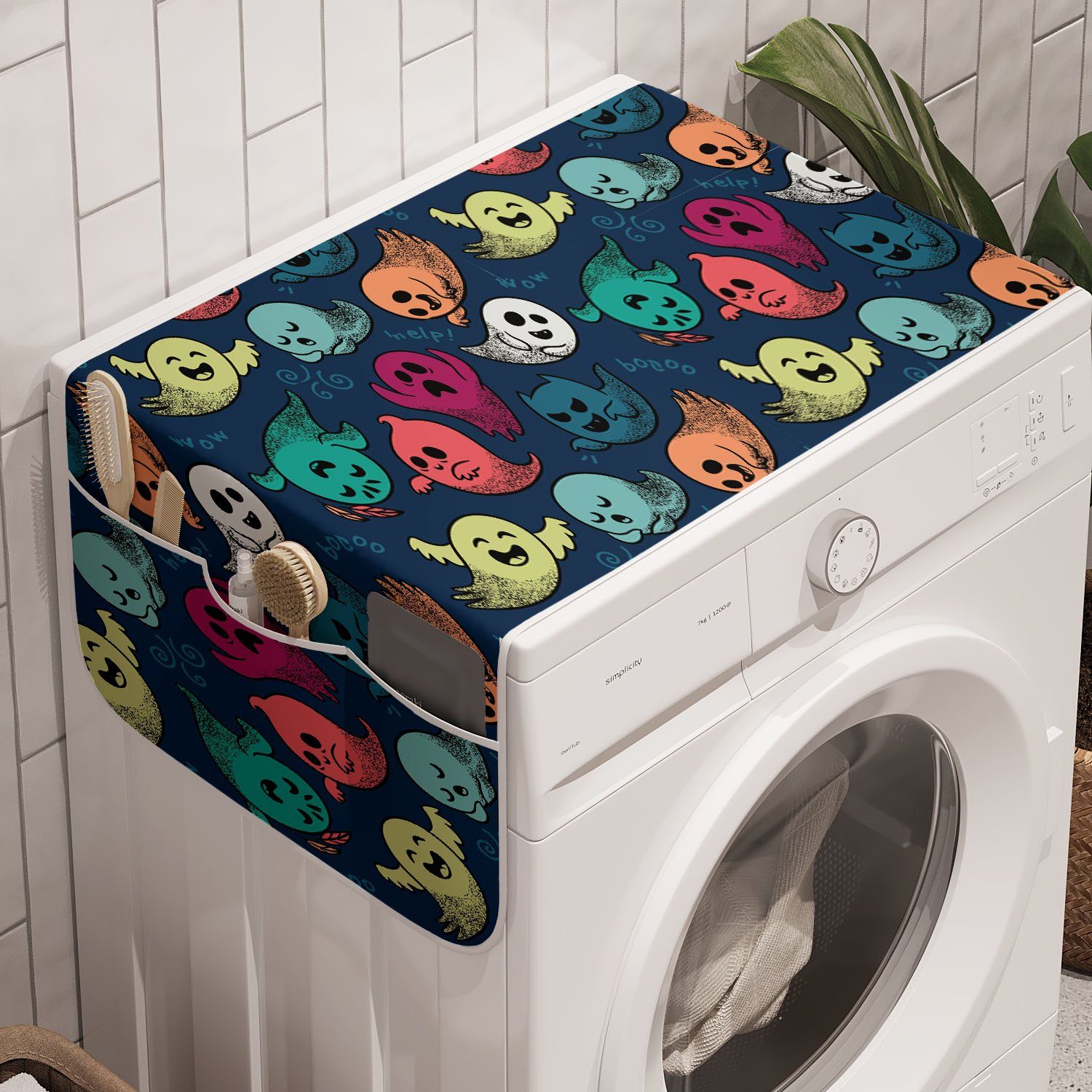 Abakuhaus Badorganizer Anti-Rutsch-Stoffabdeckung für Waschmaschine und Trockner, Halloween Bunte Spooky Ghosts