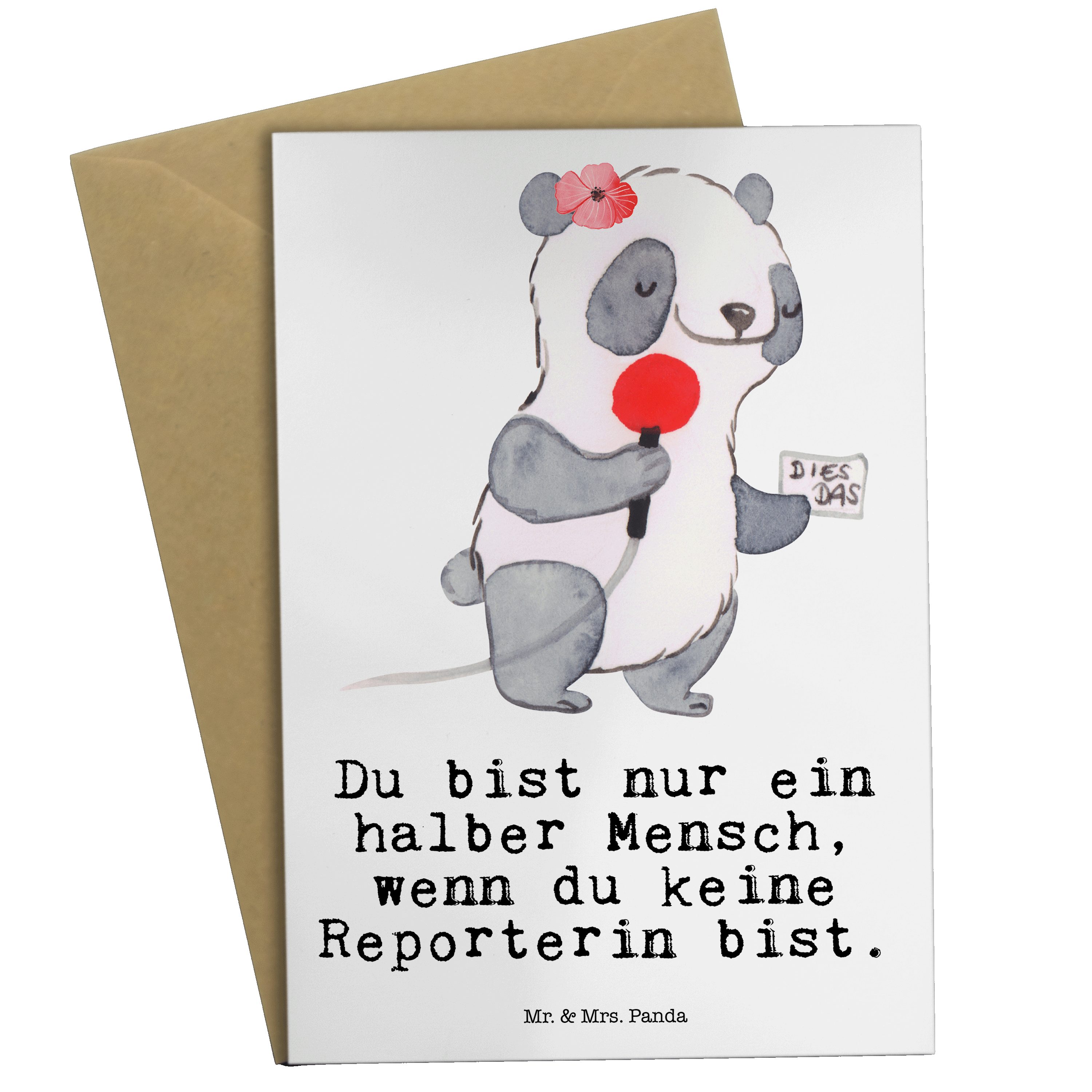 Mr. & Mrs. Panda Grußkarte Reporterin mit Herz - Weiß - Geschenk, Hochzeitskarte, Schenken, Dank