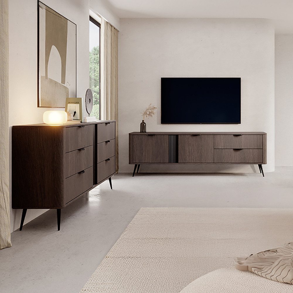 Lomadox Wohnzimmer-Set VOLTERRA-167, (Mega-Spar-Set, 2-St., TV-Lowboard Sideboard), in Eiche mit schwarzem Rillendesign, Füßen und Griffen