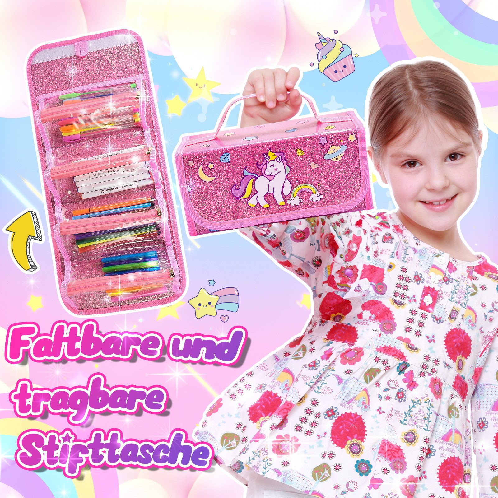 Wootoy Buntstift Einhorn Malset mit Federmäppchen 54-teiliges Kreativset Glitzerstiften, (Federmäppchen mit 4 Reißverschlussfächern und Tragegriff, 54-tlg., mit – Bild 4 von 5