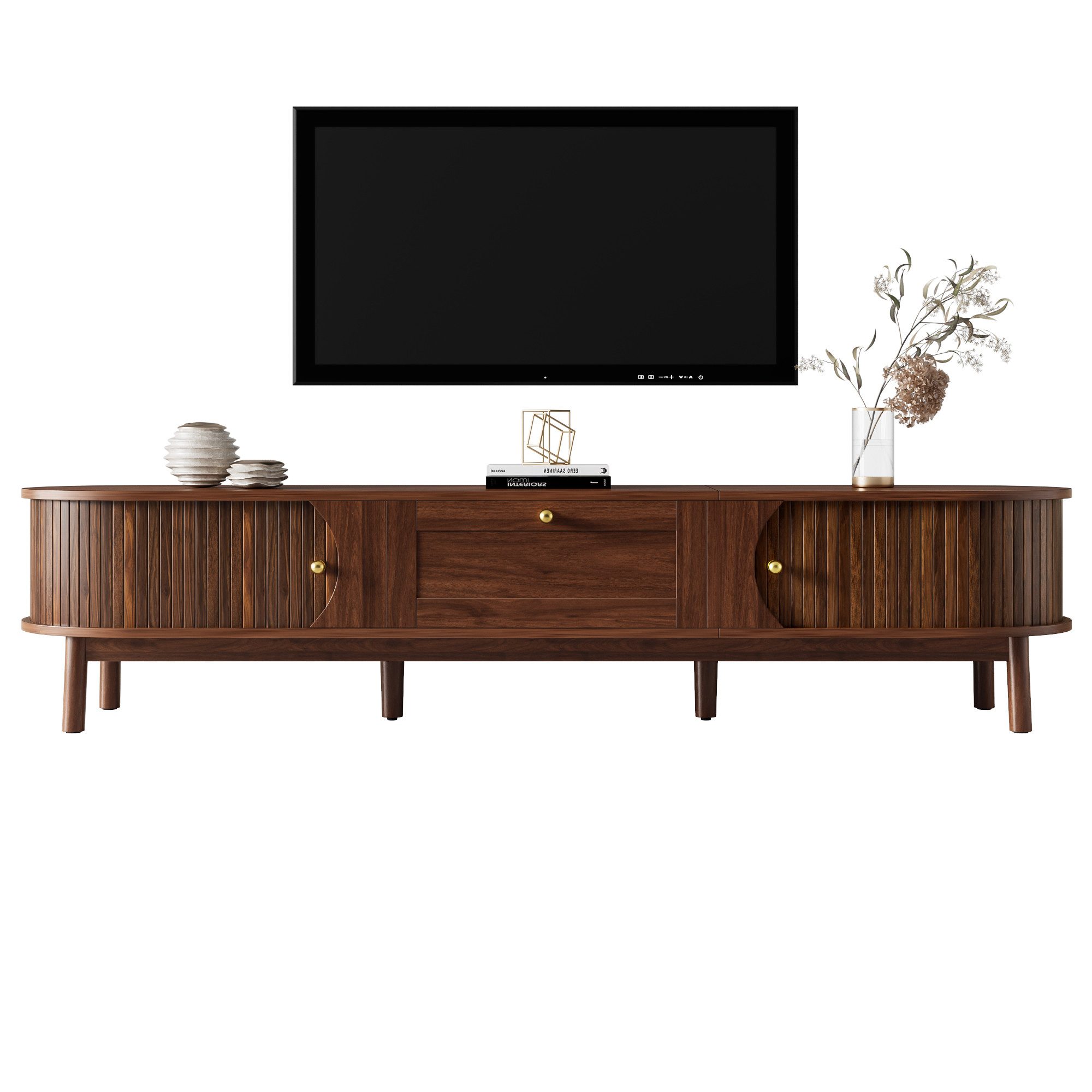 Merax TV-Schrank in Holzoptik mit Lamellentüren & abgerundeten Ecken (1-St) TV-Lowboard mit Schublade, 2 Schiebetüren & Holzbeinen, 170x39,5x38cm
