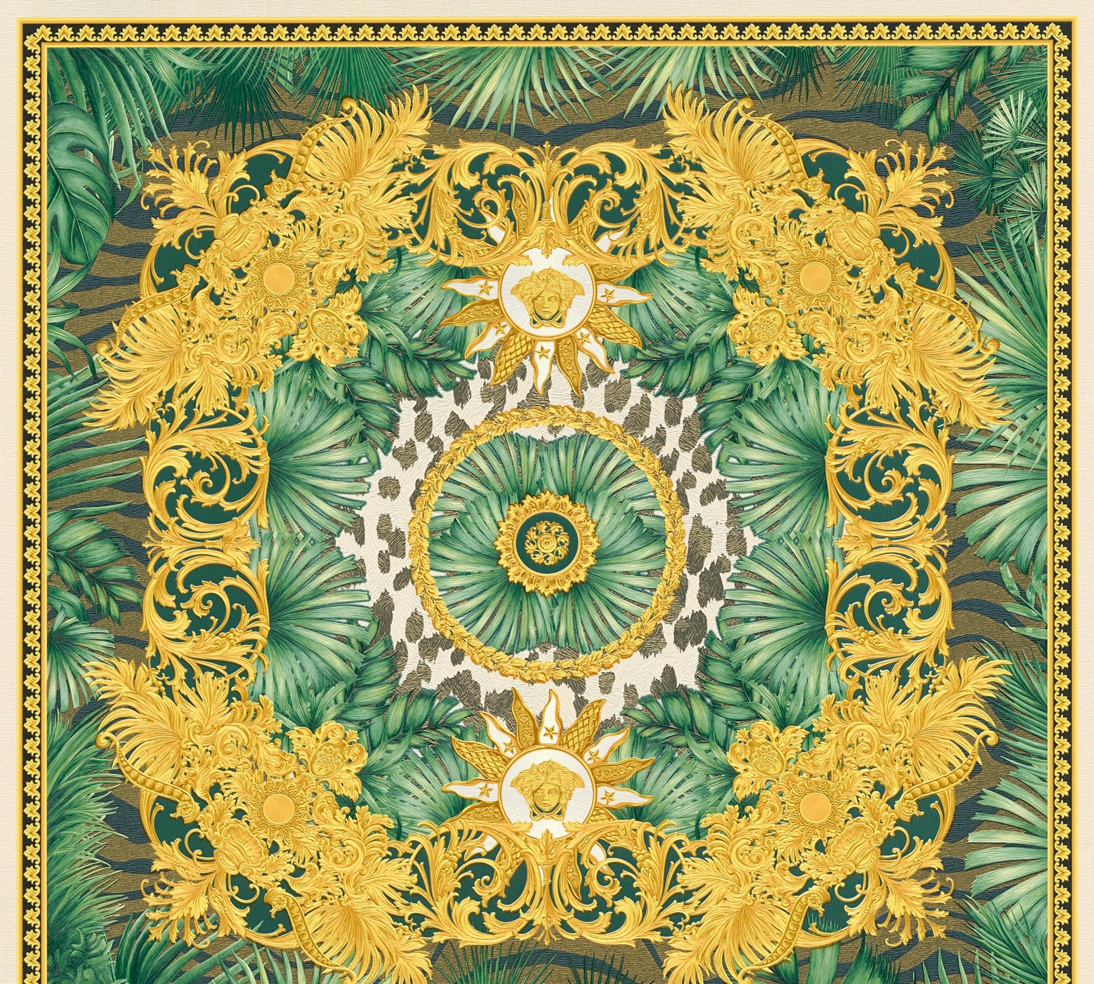 Versace Vliestapete Wallpaper Versace 5 Design, leicht strukturiert, leicht glänzend, (1 St), Dschungel auffallende Fliesen-Tapete grün/goldfarben/weiß