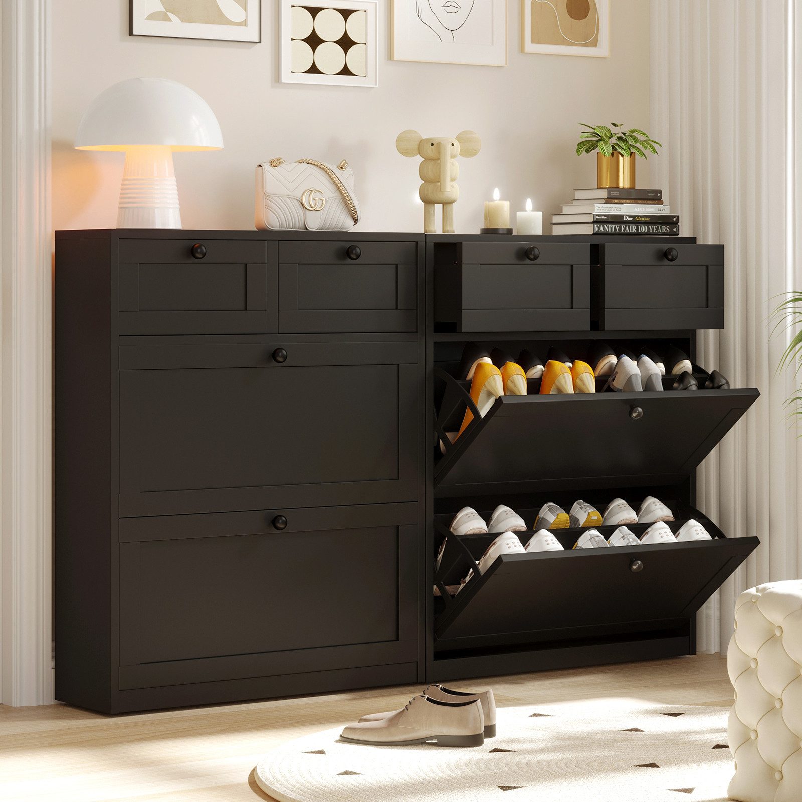 VOWNER Schuhschrank mit 2 Klappen, Schuhregal, 80 x 24 x 100 cm Schwarz – Bild 3 von 5