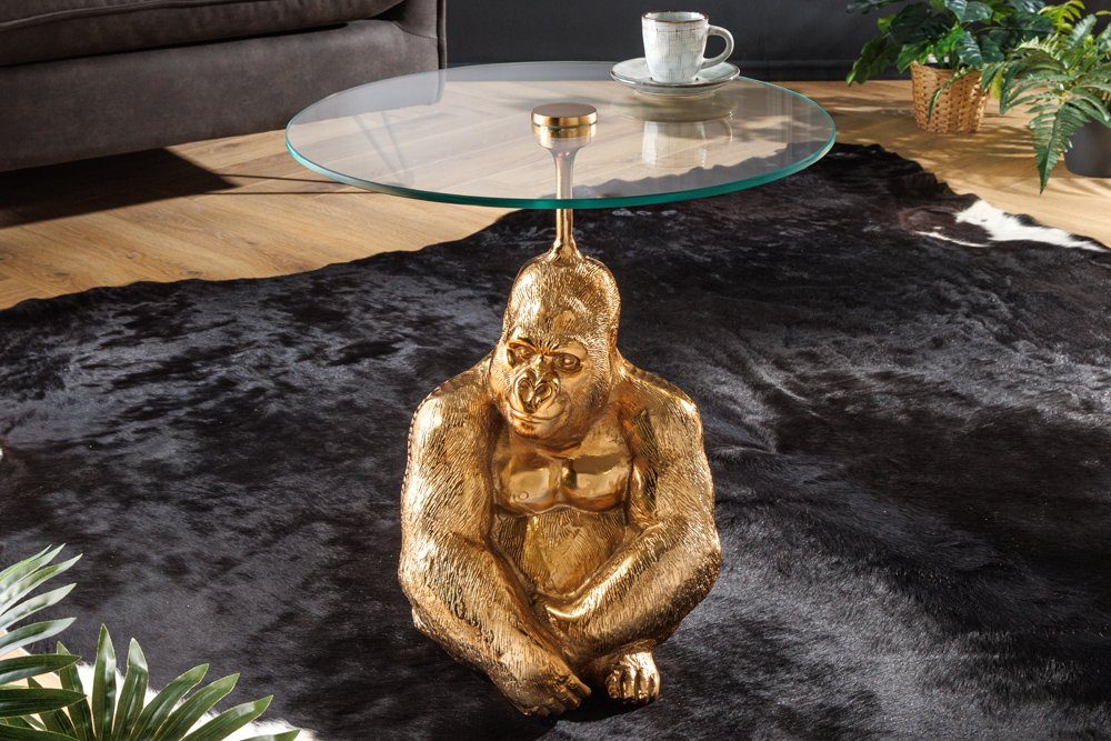 riess-ambiente Beistelltisch KONG 50cm gold / transparent (Einzelartikel, 1-St), Wohnzimmer · Metall · Glas · rund · Affenfigur · Gorilla-Skulptur