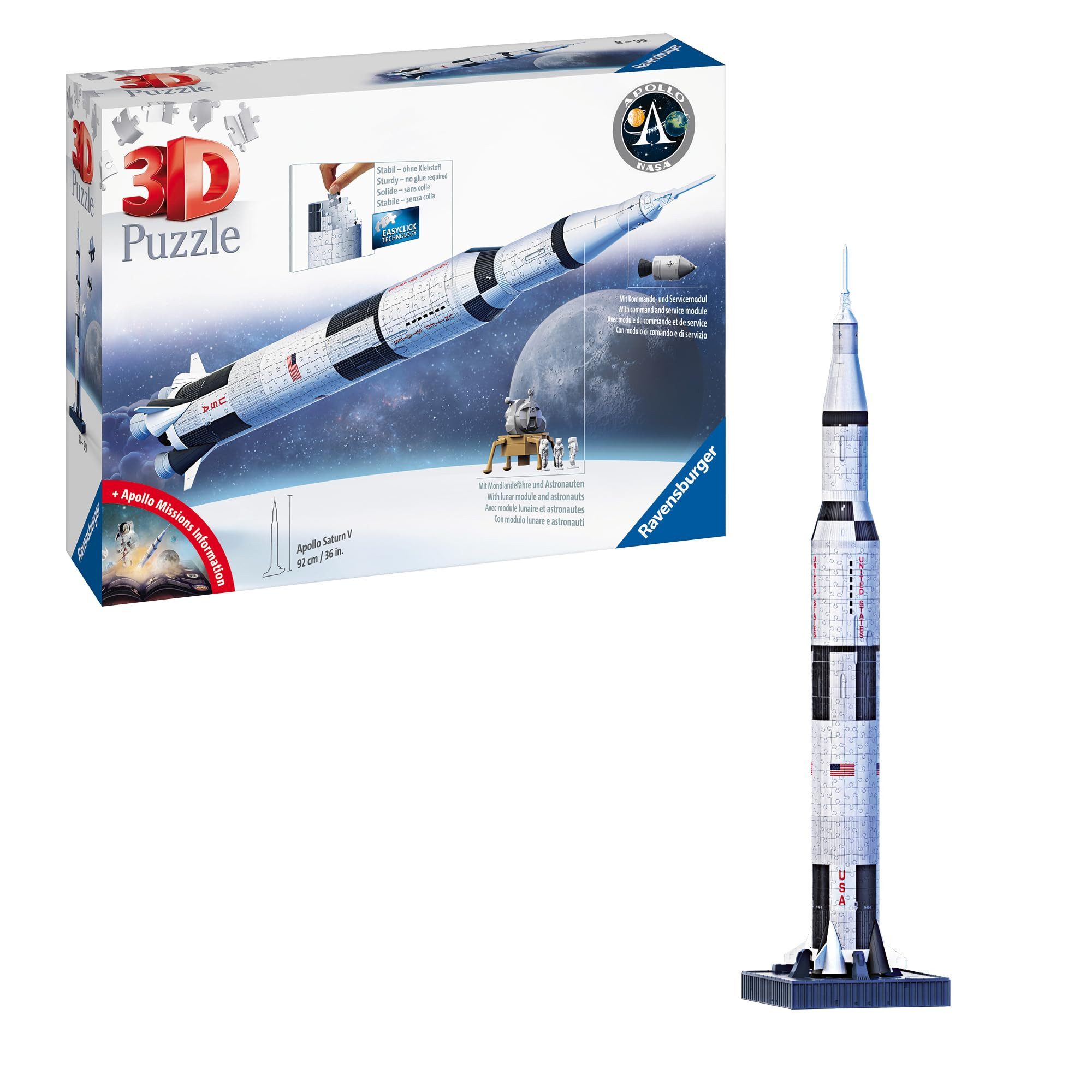 Ravensburger Puzzle Apollo Saturn V Rakete 440 Teile, Puzzleteile, 440-teiliges Ravensburger 3D Puzzle