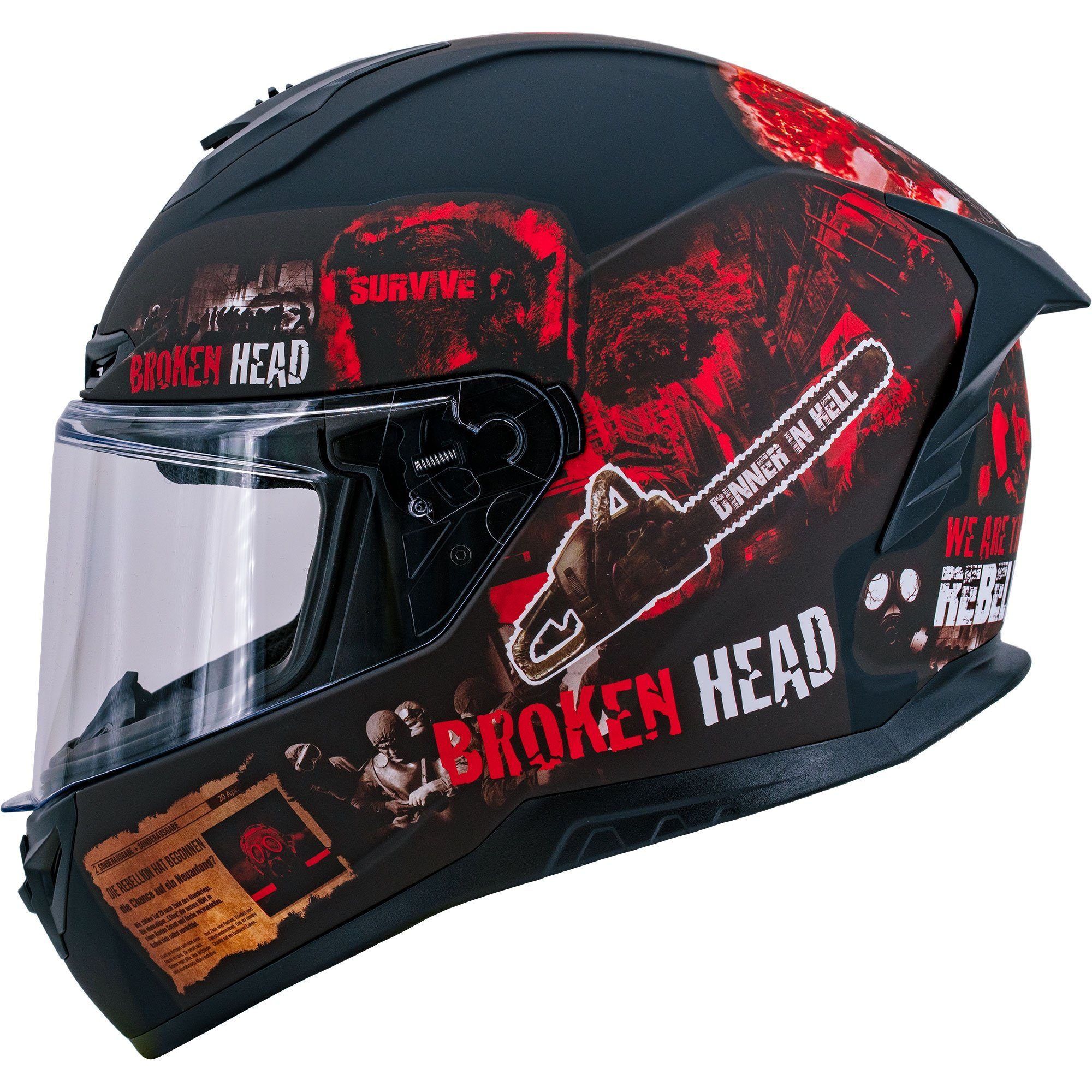 Broken Head Motorradhelm Broken Head Integralhelm Resolution Rot, Mit Symbolen der Revolution!