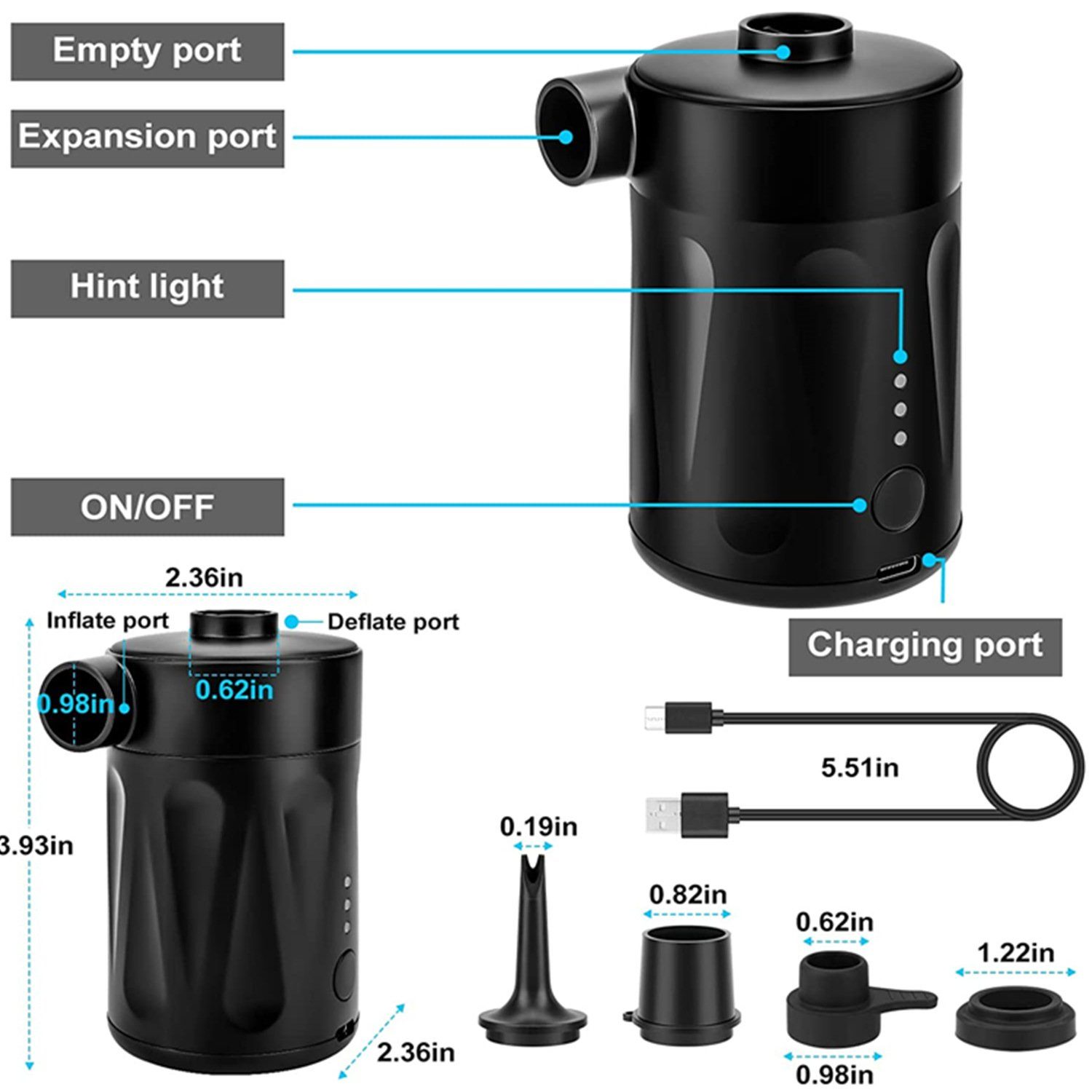 XDeer Sportanzug Elektrische Luftpumpe für Luftmatratze,8 in 1 Zwillingsmotoren, Wiederaufladbare Akku Luftpumpe,4000 mAh Luftpumpe Elektrisch