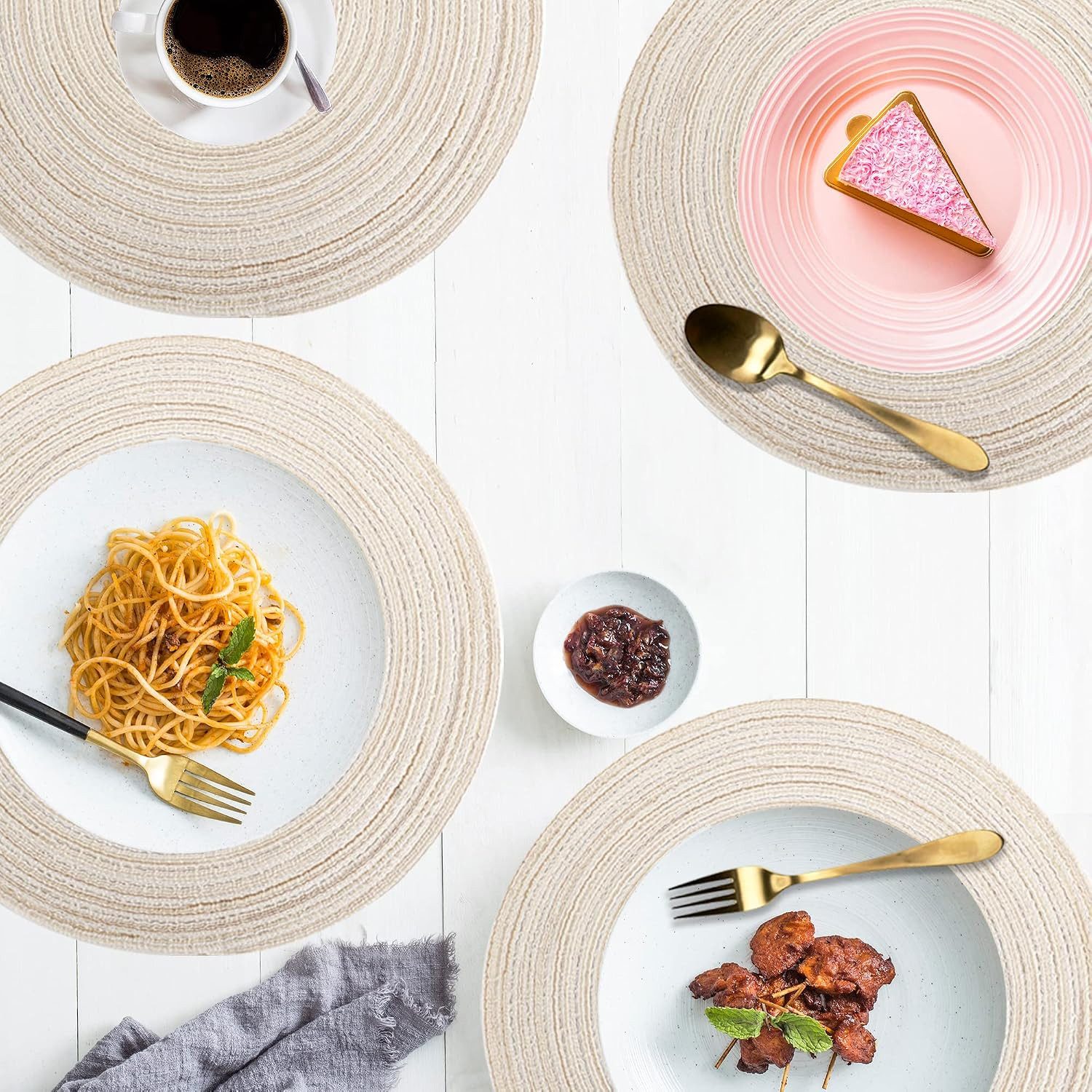 FELIXLEO Platzset 6 Runde Platzsets Geflochten Baumwolle 37 cm Hitzebeständig Beige, (1-St)