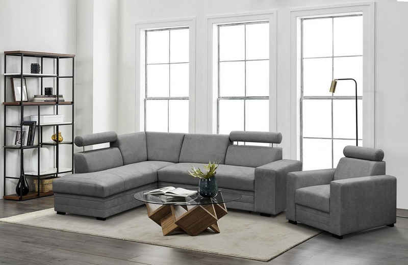 Beautysofa Polstergarnitur Roma, (modernes Set Eckgarnitur mit Sessel, Schlaffunktion, Bettkasten, verstellbare Kopfstützen), gepolstertes Ecksofa mit Sessel aus Bonnell-Federn für Wohnzimmer