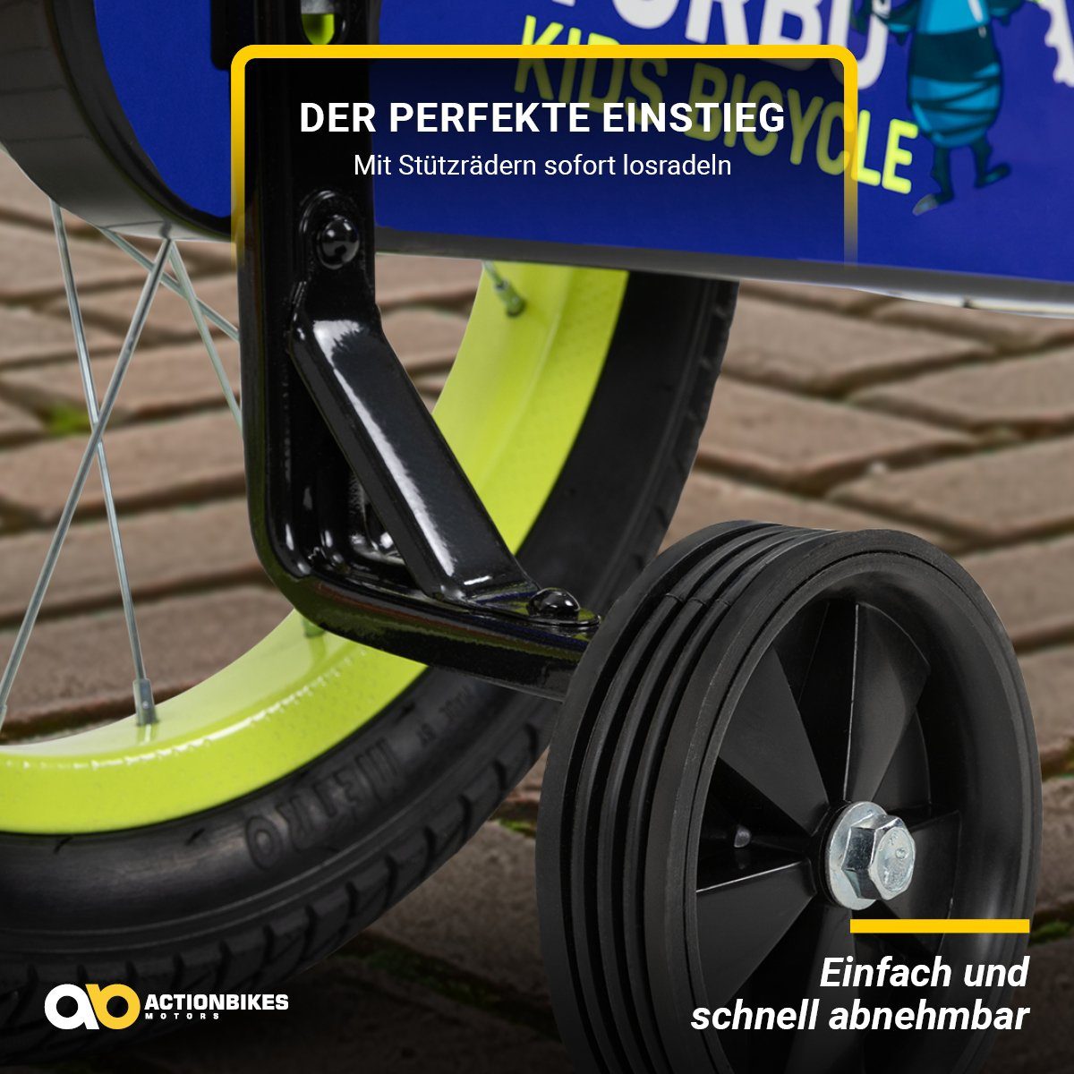 Actionbikes Motors Kinderfahrrad Kinder Fahrrad Turbo mit Stützräder, 1 Gang, ohne Schaltung, (16 Zoll, ab 105 cm Körpergröße, max. Zuladung 40 kg, Reflektoren, Stützräder, Klingel, Antirutschgriffe, Lenkerschutz, Kettenschutz, V-Brake-Bremse, Luftbereifung, Schutzbleche, gelb / blau), höhenverstellbares Bike Jungen Mädchen Kinderrad ab 4 Jahre