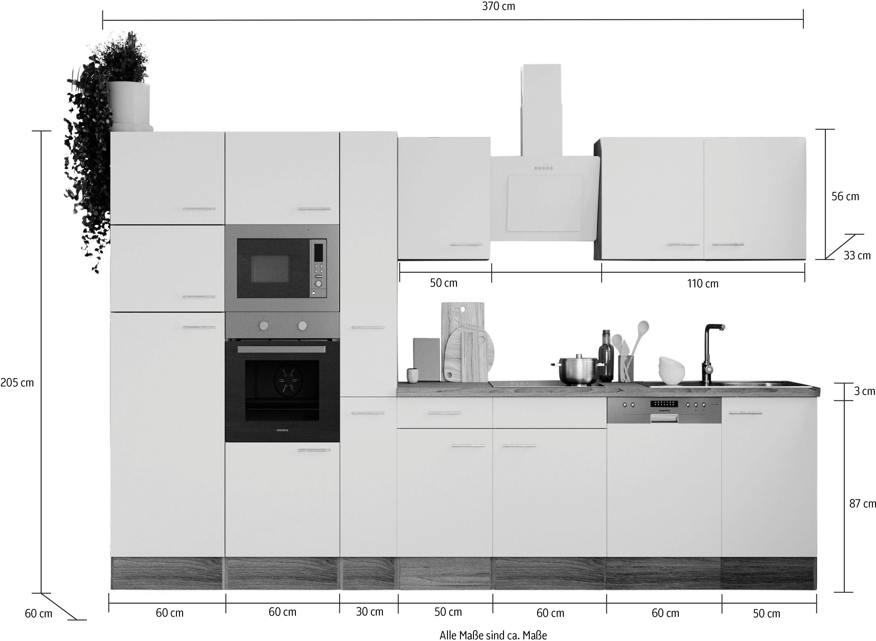 RESPEKTA Küchenzeile York, Arbeitsplatte aufbaubar 370 York Eiche Front: Breite wechselseitig Eiche cm, Schwarz/Korpus: Oliver