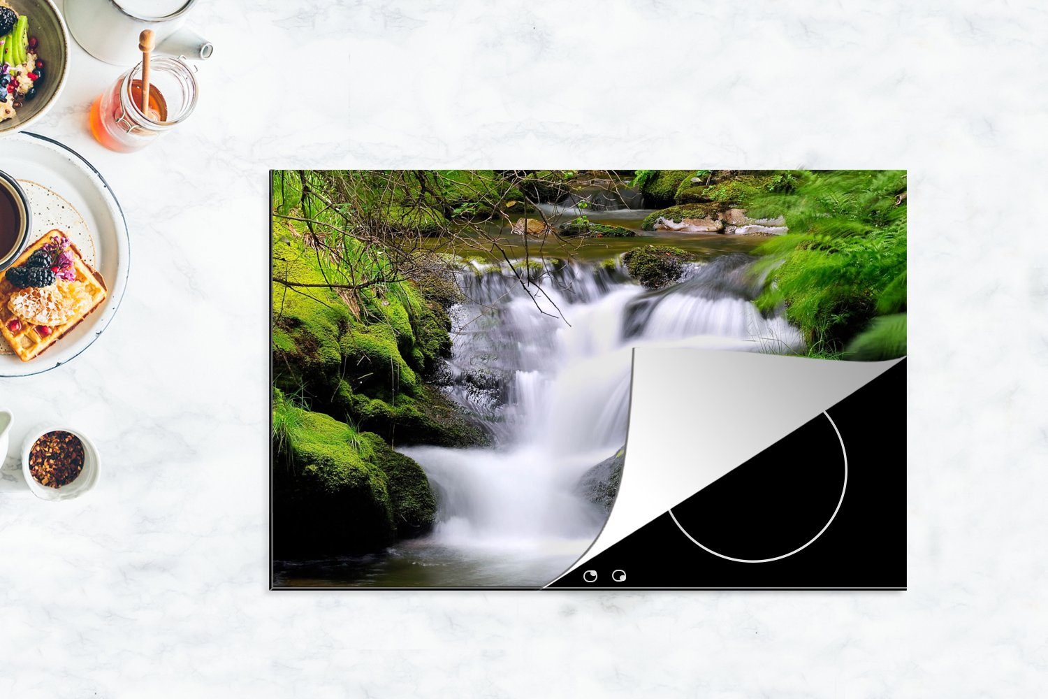 - Wasser Schutz (1 Herdblende-/Abdeckplatte für tlg), MuchoWow Wasserfall, die cm, Vinyl, küche, Natur 80x52 Ceranfeldabdeckung - Induktionskochfeld