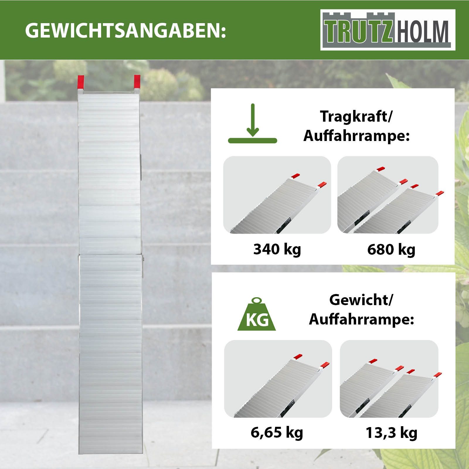 TRUTZHOLM Auffahrrampe Alu 205cm 340 kg Tragkraft klappbar rutschhemmend gerillt Verladerampe (Produkt, 1-St), 21430