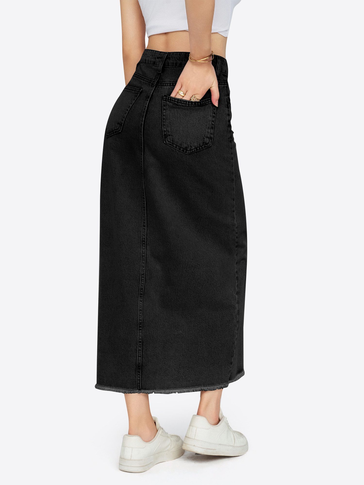 Imily Bela Jeansrock Damen Jeans-Midirock mit asymmetrischer Taille und Fransensaum (Packung, 1-tlg., 1per-Pack) 4-Pocket-Style