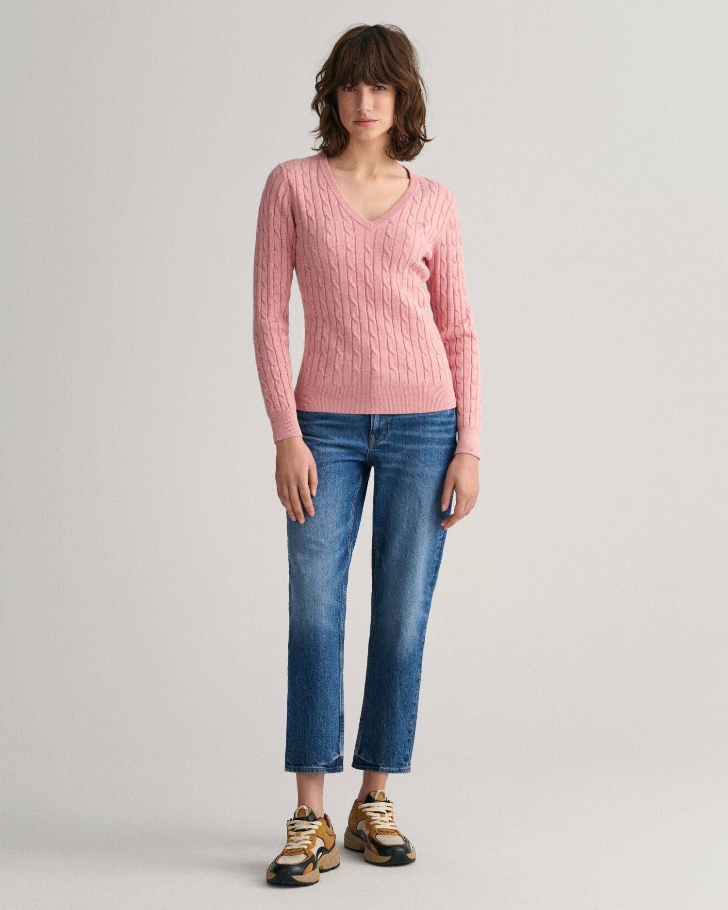 V-NECK Strickpullover Gant STRETCH Damen T-Shirt (79) COTTON CABLE (1-tlg) himbeer