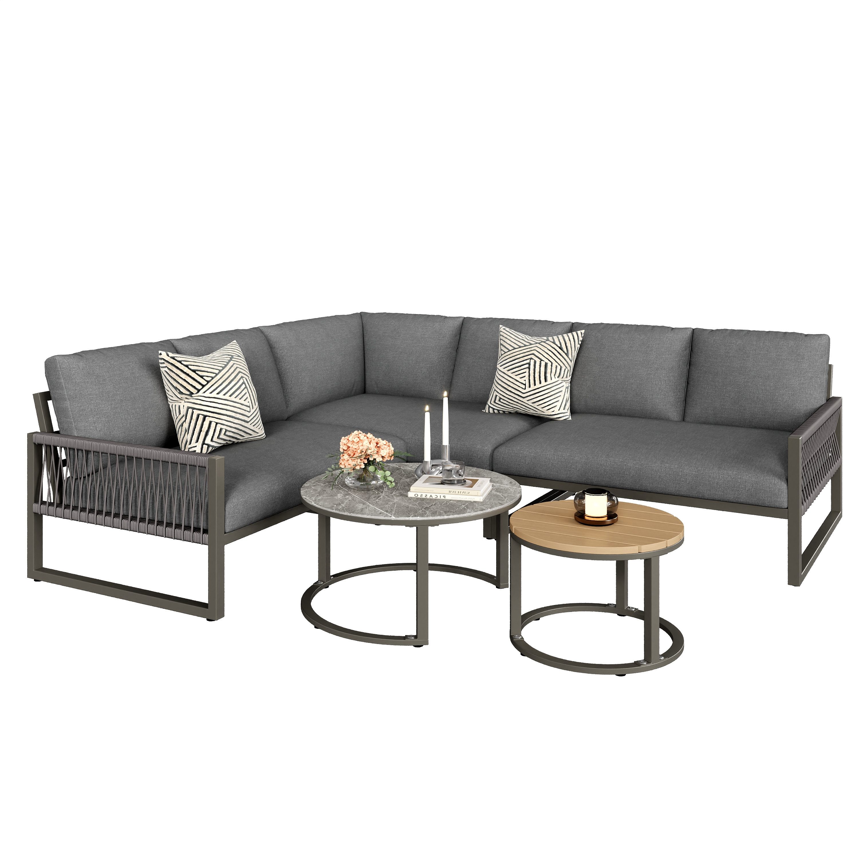 REDOM Gartenlounge-Set Modernes Gartenmöbelset,mit verzinktem Eisengestell, (für 6-7 Personen, wetterfestes Ecksofa mit 2 Tischen, ergonomische Sitzkissen, verzinktes Eisengestell., 5-tlg), mit Relaxfunktion