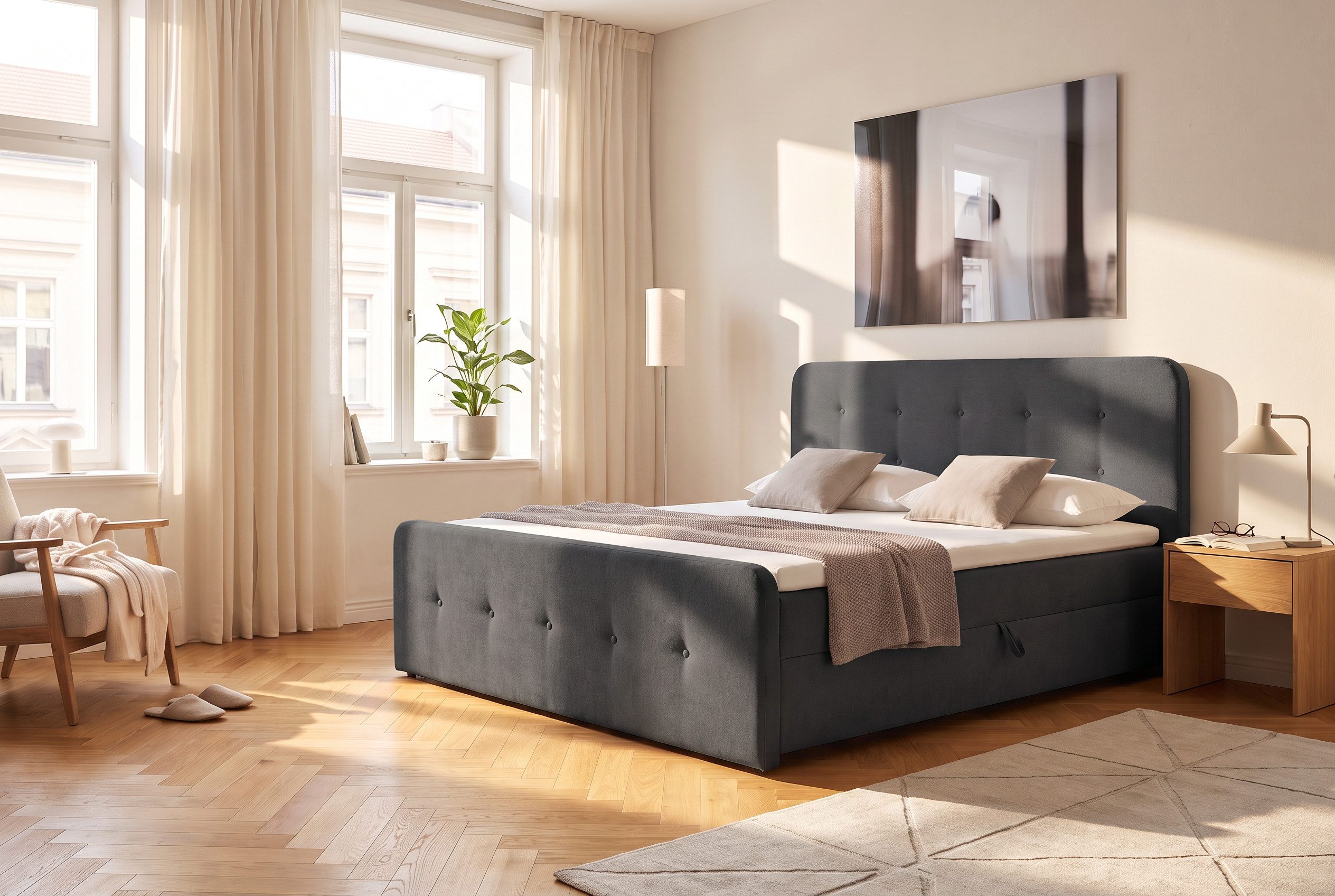 Home affaire Boxbett Amrum, Polsterbett mit Bettkasten, inkl. Taschenfederkernmatratze H3, mit Kaltschaumtopper, Chenille-Bezug, 120x200 & 180x200 cm