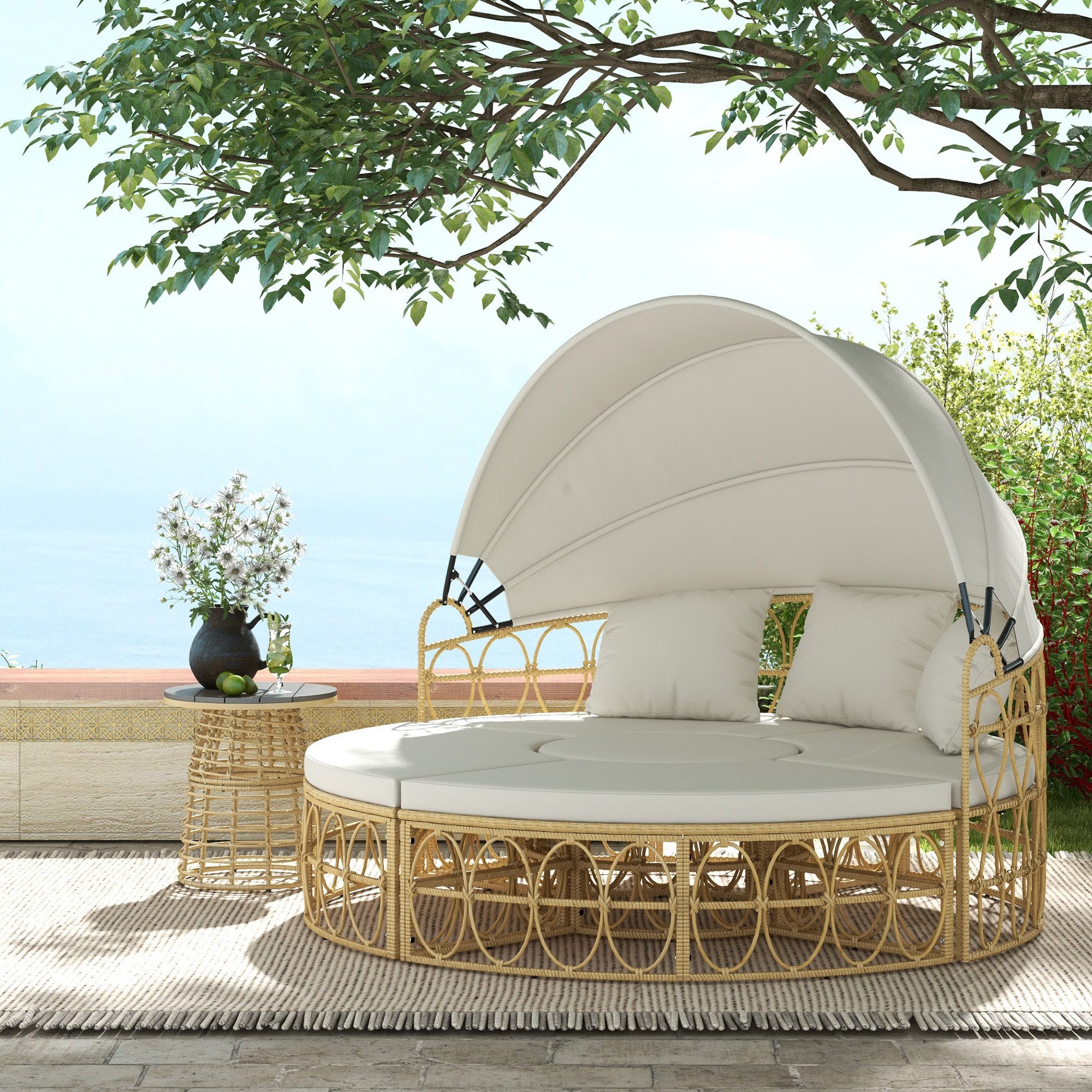 Outsunny Sitzgruppe Sonneninsel, Muschel, mit klappbarem Verdeck, Couchtisch, (Gartengruppe, 4-tlg., Gartenmöbel), Für Outdoor, Creme