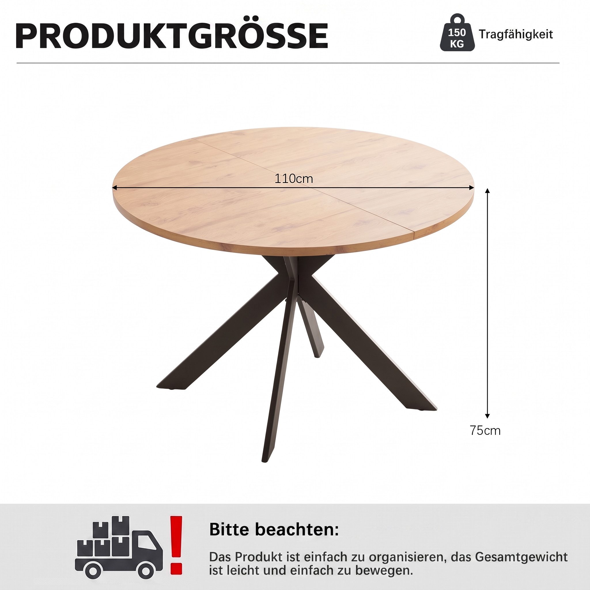 Jiexi Esstisch Runder Esstisch 110cm Holzoptik MDF Tisch mit Metall Kreuzgestell