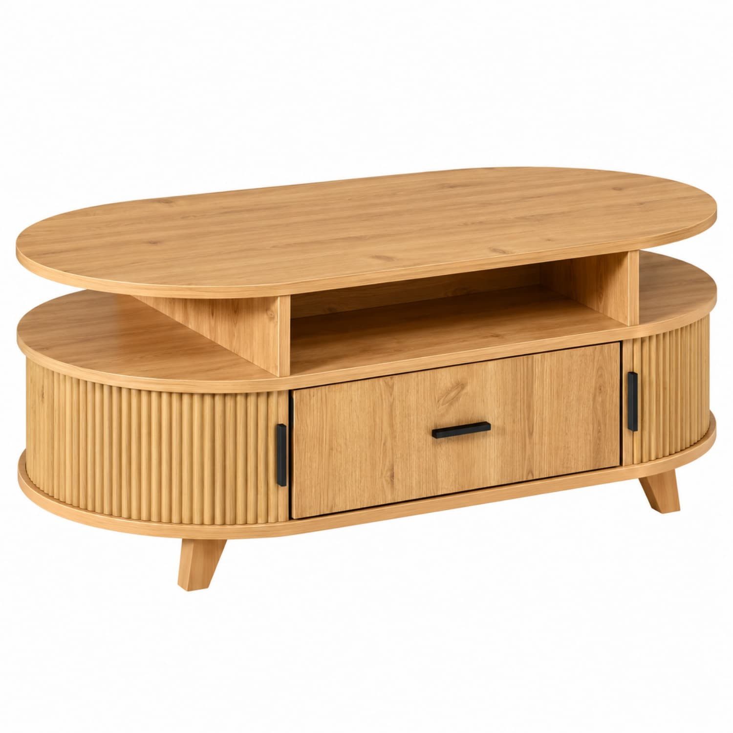 ANYSUN Couchtisch Oval mit Schublade, 2 Rolltüren & Stauraum, 100x50x40 cm (1-St), Sofatisch in Holzoptik mit 3 offenen Fächern fürs Wohnzimmer