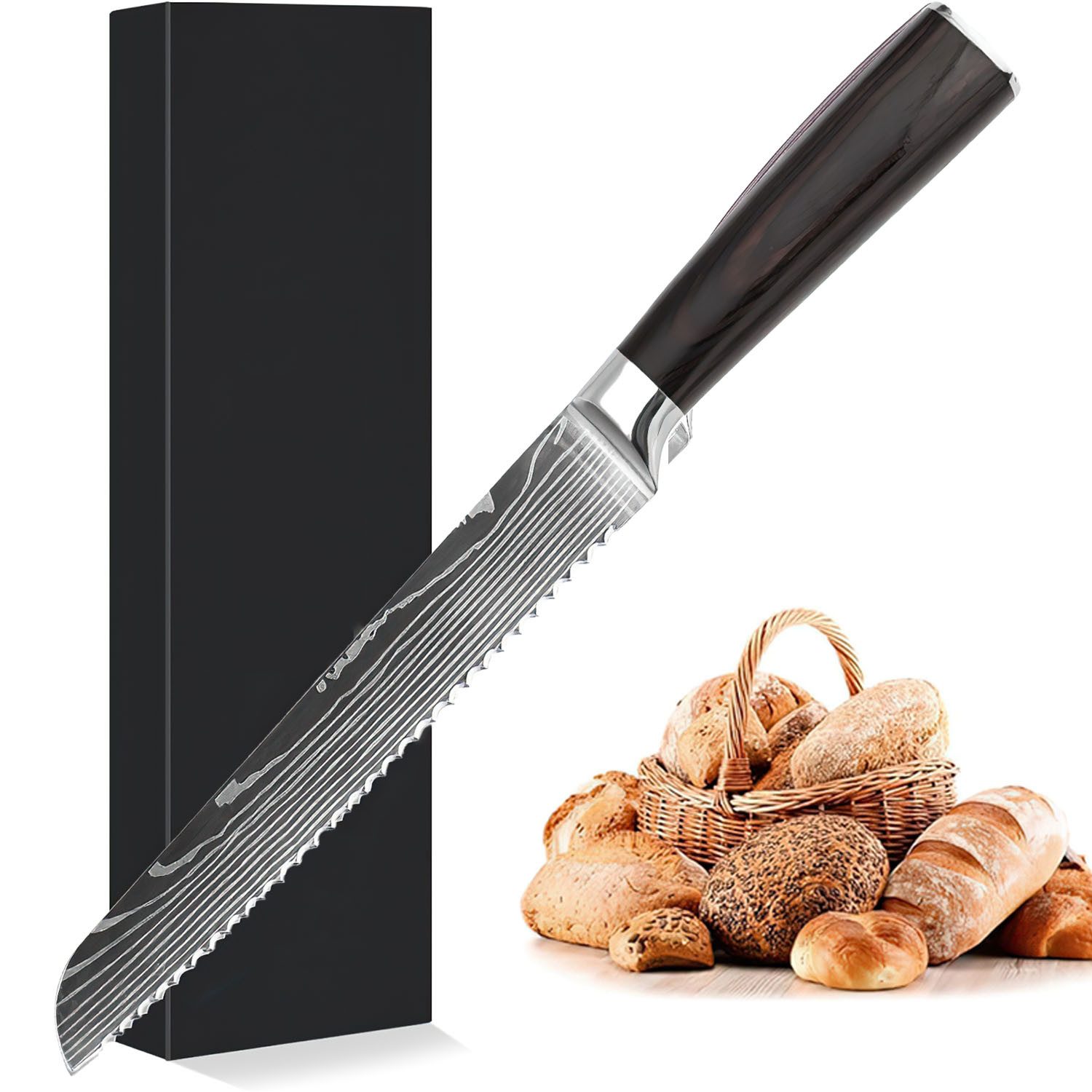 SURFOU Brotmesser Brötchenmesser mit Wellenschliff 26 cm Hochwertigem Edelstahl, Brötchenmesser Messerklinge mit Ergonomischem Küchenmesser Scharf