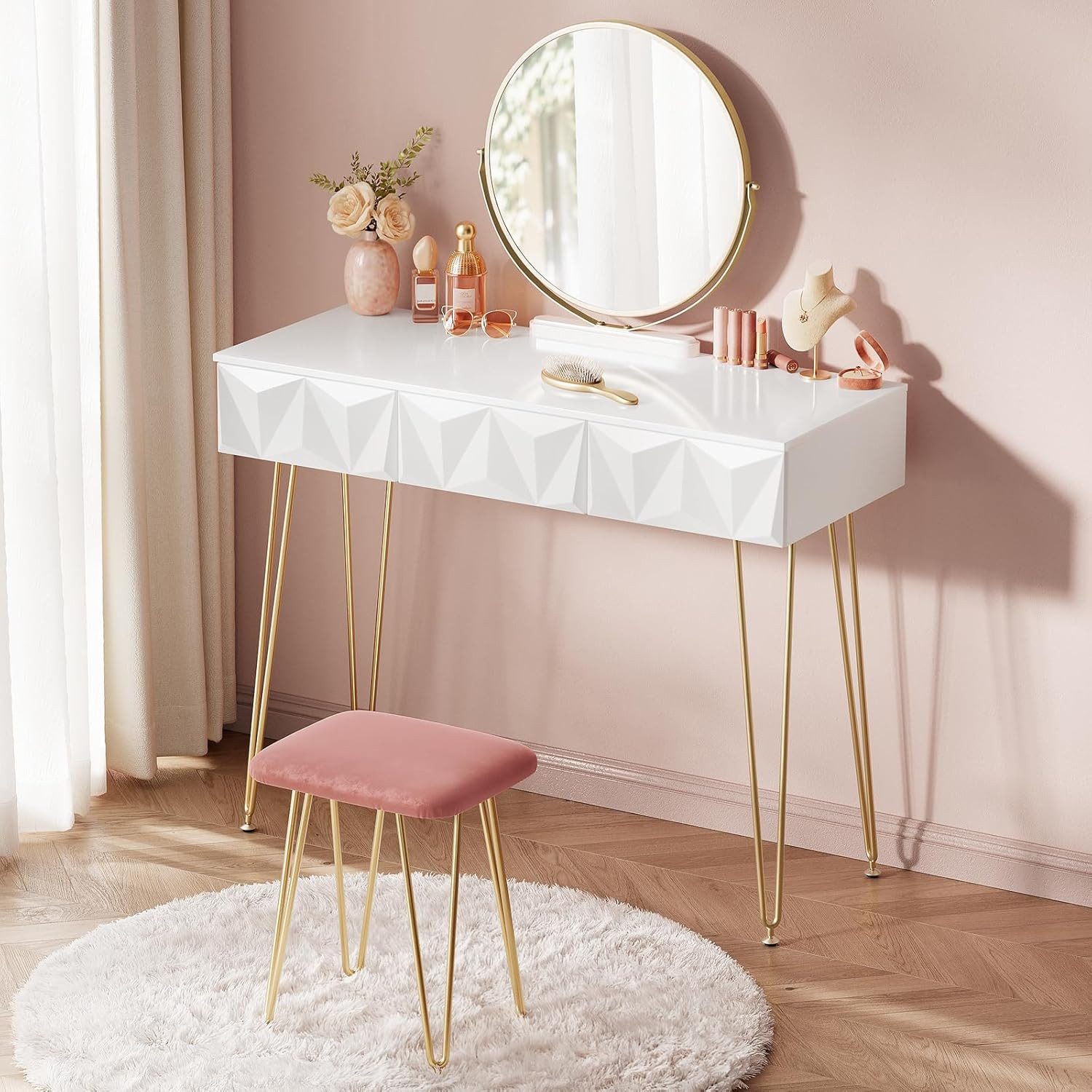 EUGAD Schminktisch (1-St), mit Hocker, 3 Schubladen Weiß und golden günstig online kaufen