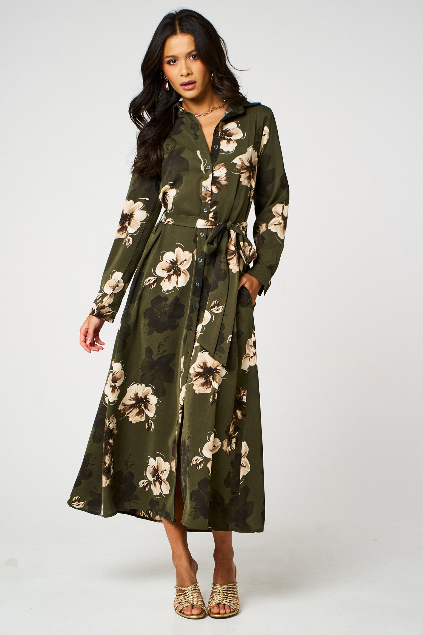 FS Collection Hemdblusenkleid Damen Hemdblusenkleid Maxikleid Blusenkleid Langarm mit Bindegürtel (XS (EU:36 / UK:8) · S (EU:38 / UK:10) · M (EU:40 / UK:12) · L (EU:42 / UK:14) · XL (EU:44 / UK:16) Blumenmuster, Bindegürtel, durchgehende Knopfleiste
