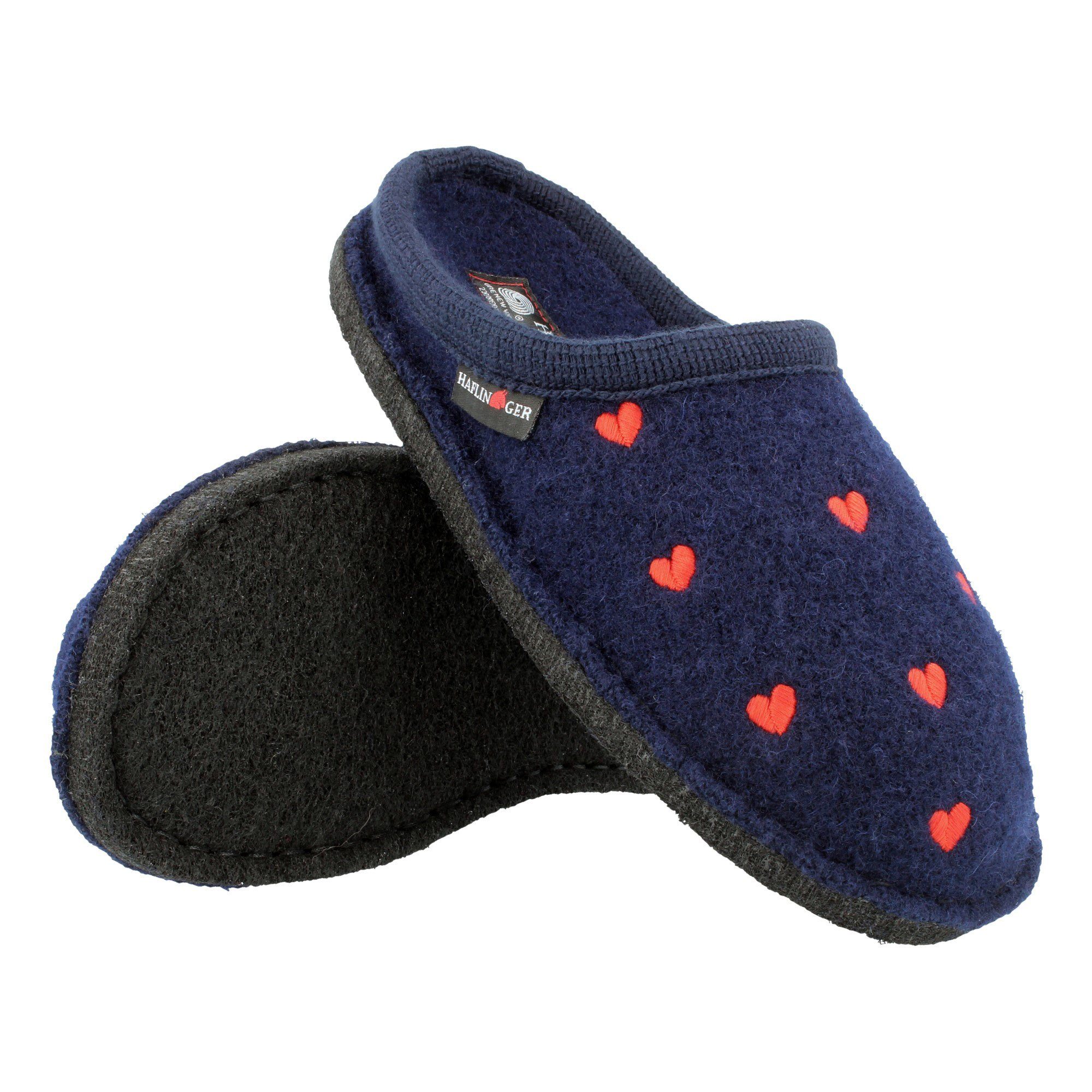 Haflinger Flair Valentine Pantoffeln aus gewalkter Wolle Herzmotiv Unisex Hausschuh – Bild 2 von 5