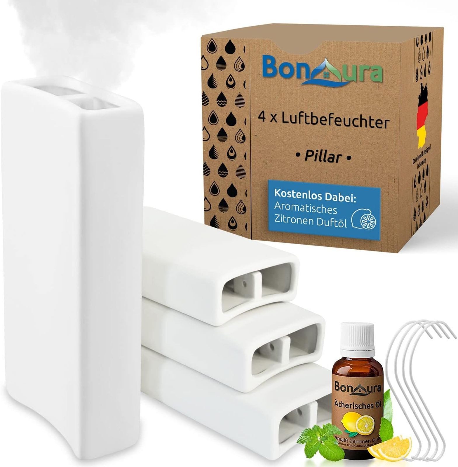 BonAura Luftbefeuchter 4x Verdunster für Heizung Keramik Heizkörper Verdampfer zum anhängen, Wasserverdunster inkl Haken und Duftöl