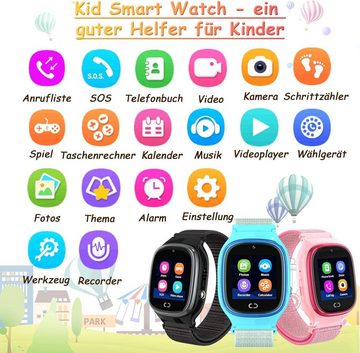 PTHTECHUS Smartwatch (1,44 Zoll), Kinder mit Anruf HD MP3 Musik Player Spiel Schrittzähler Kamera Wecker