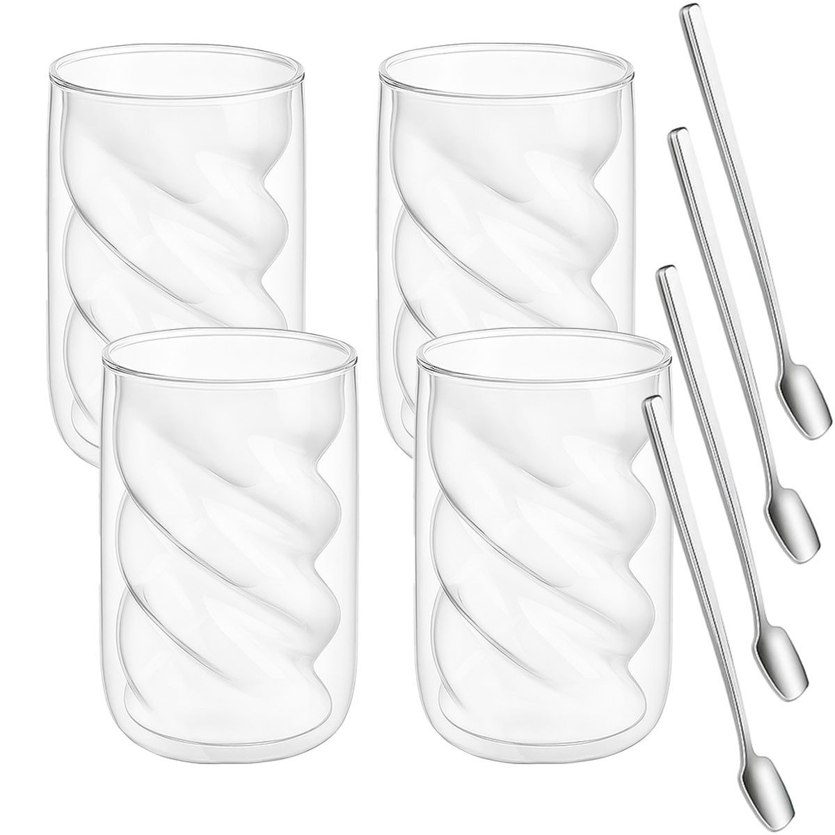 mixed24 Gläser-Set 4er Set Doppelwandige Gläser 230ml Spiralform, Thermogläser inkl. Löffel ideal für Latte Macchiato, Matcha, Tee – Bild 2 von 3
