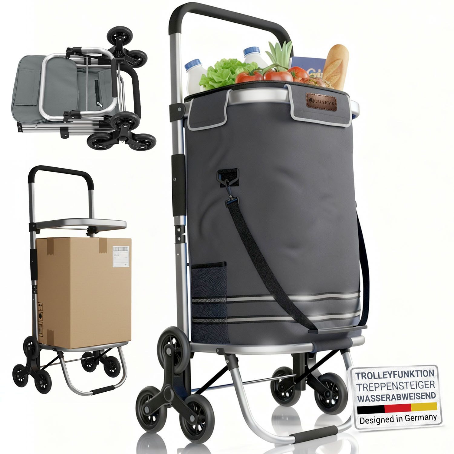 Juskys Einkaufstrolley 3in1, 56 l, mit Treppensteiger (6 Rollen), klappbar und modern, mit Kühlfach