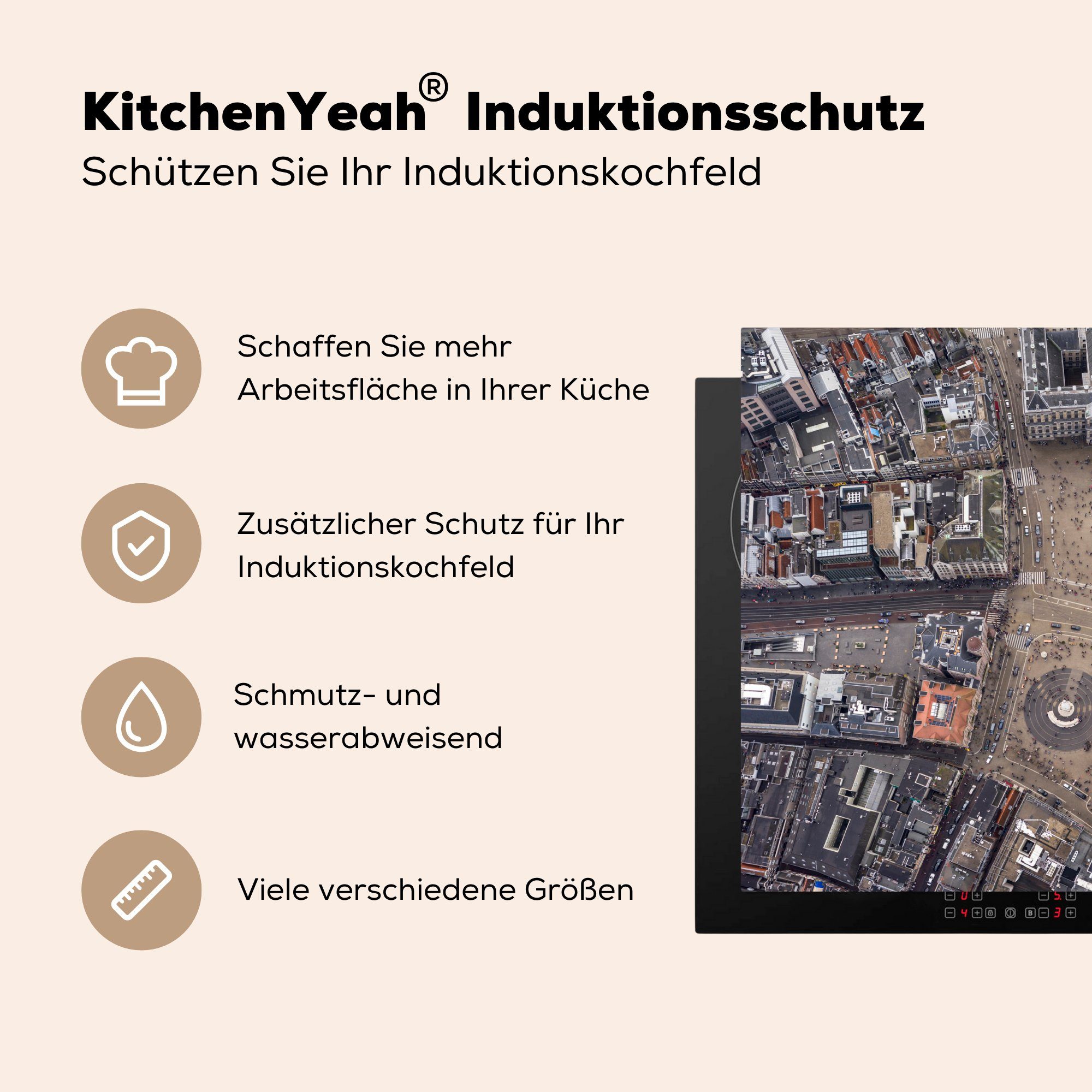 MuchoWow Herdblende-/Abdeckplatte Luftaufnahme von küche, Induktionskochfeld Vinyl, die cm, (1 Ceranfeldabdeckung De 71x52 Dam in Amsterdam, tlg), für Schutz