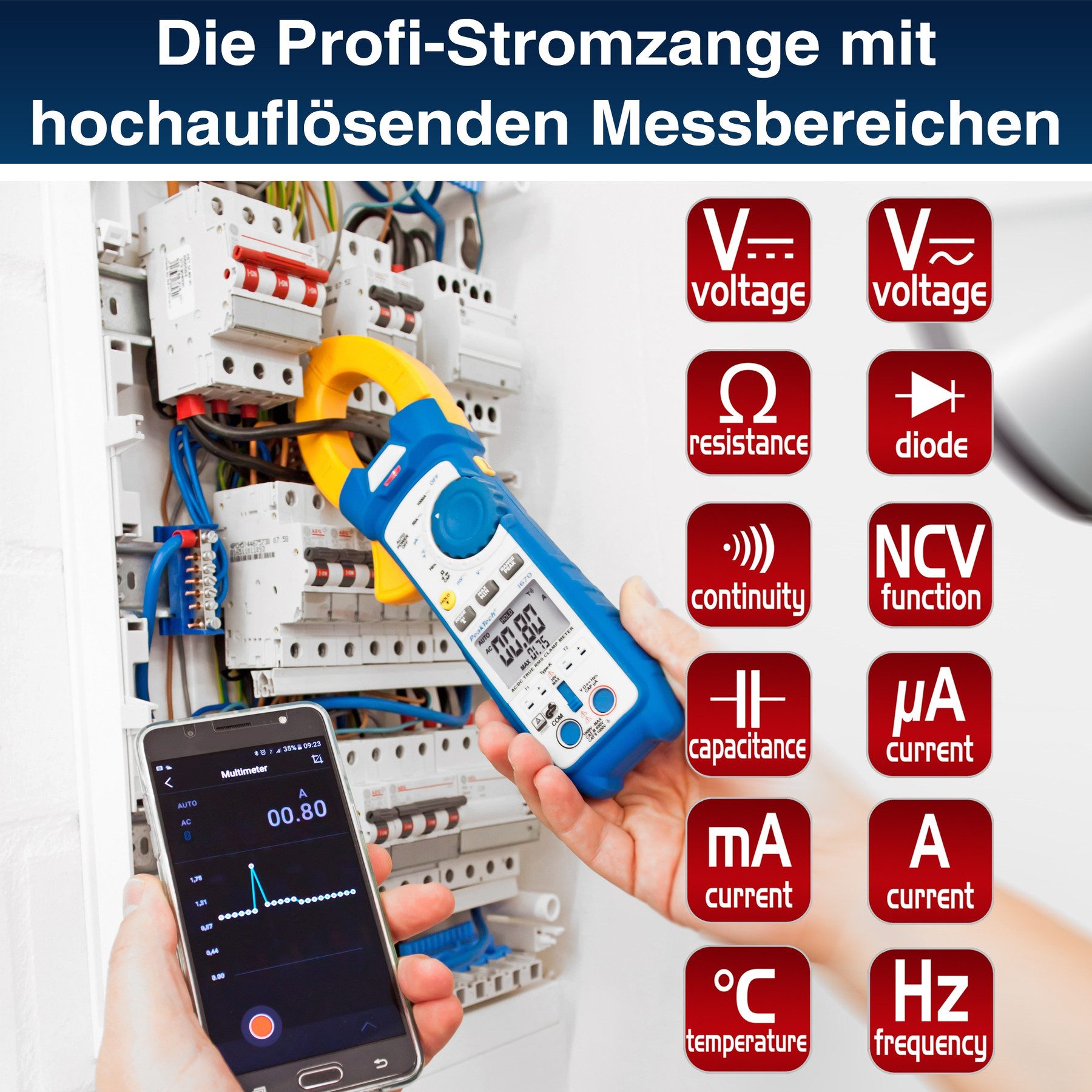 PeakTech Strommessgerät PEAKTECH True RMS Stromzange, P 1670, 1000 A AC/ DC, Bluetooth